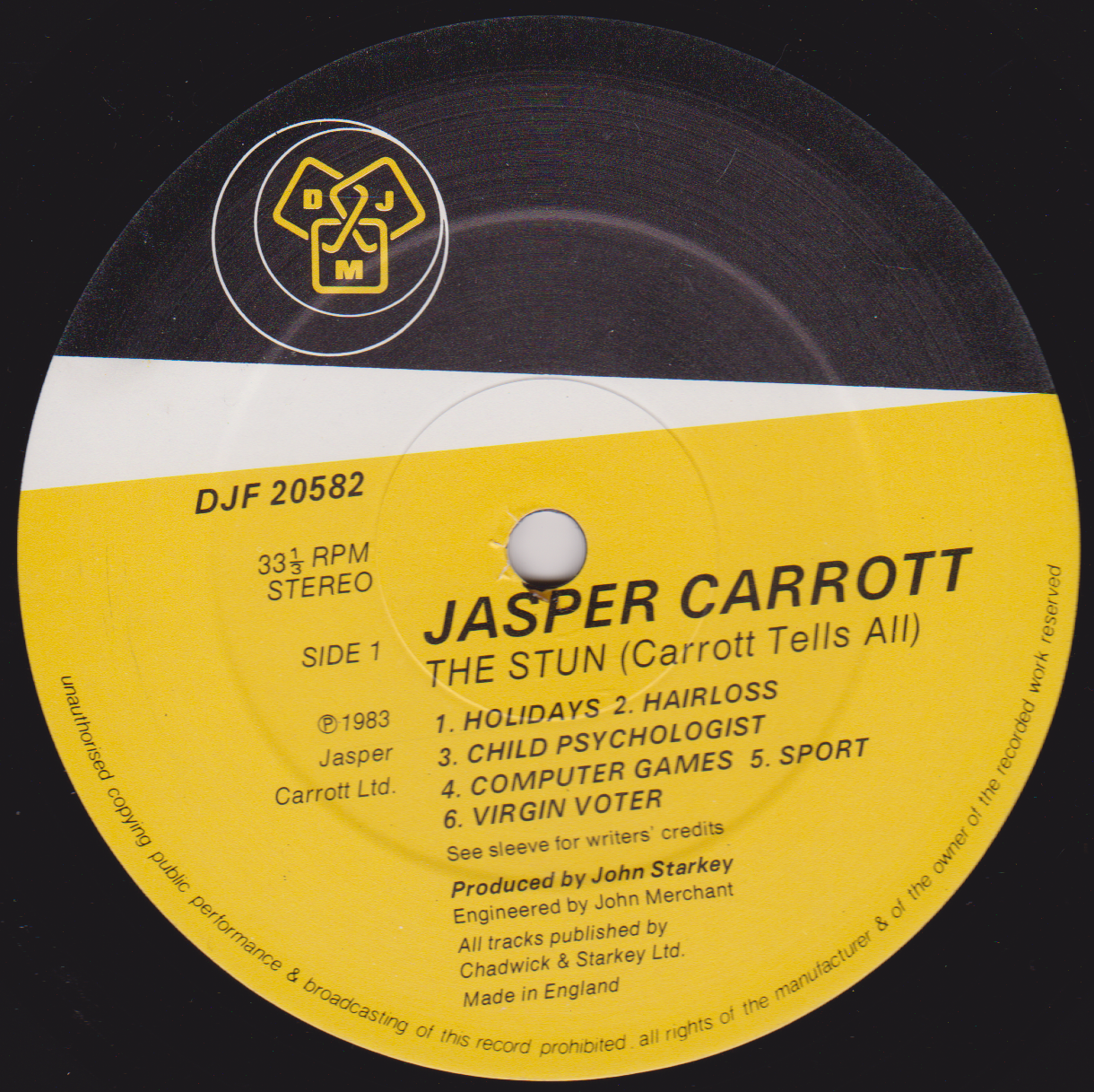 Jasper Carrott – The Stun (Carrott Tells All) (DJM 1983) 12" vinyl LP VG/VG