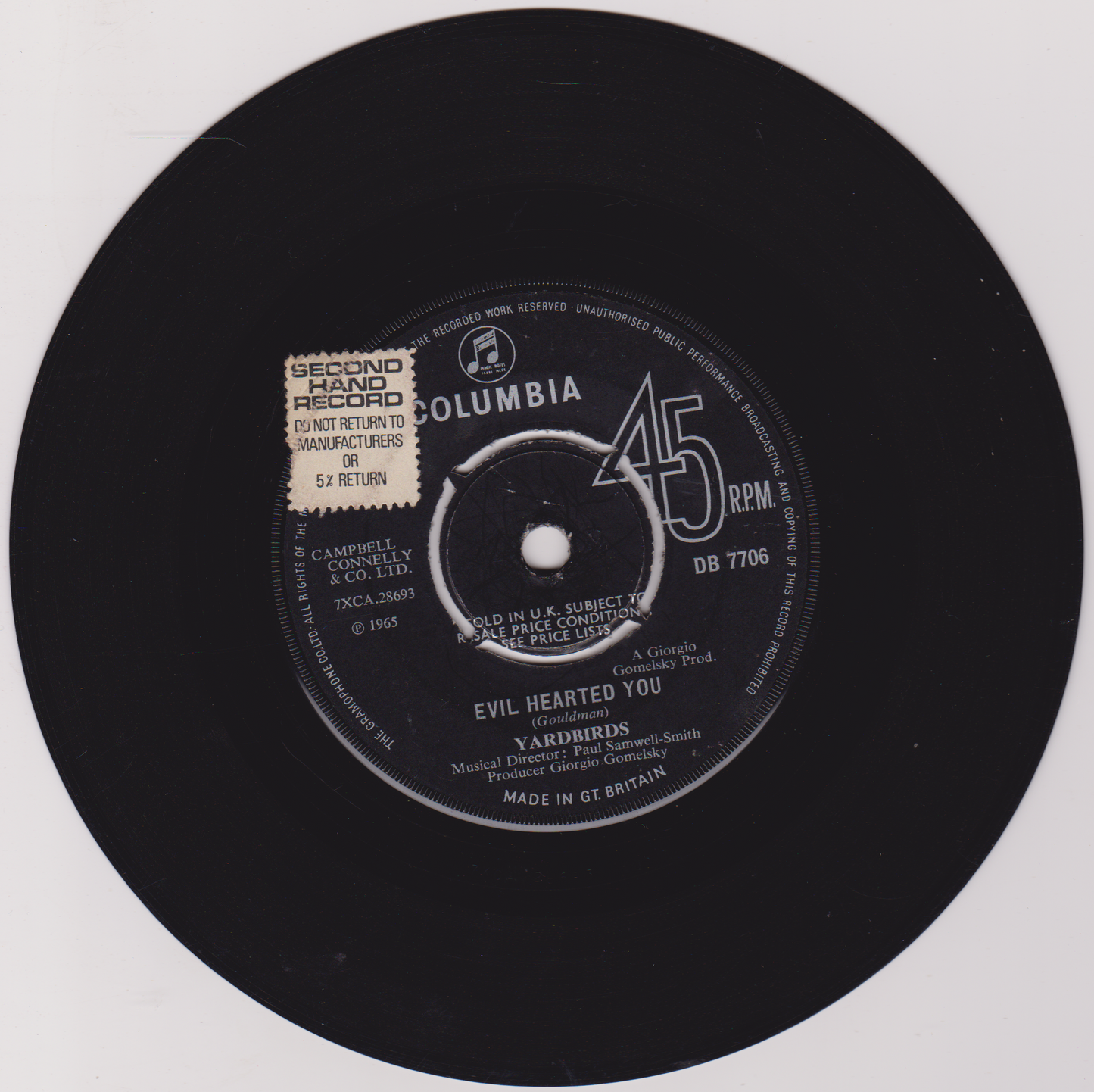 Yardbirds ‎– Evil Hearted You (Columbia 1965) 7" vinyl single G+/-