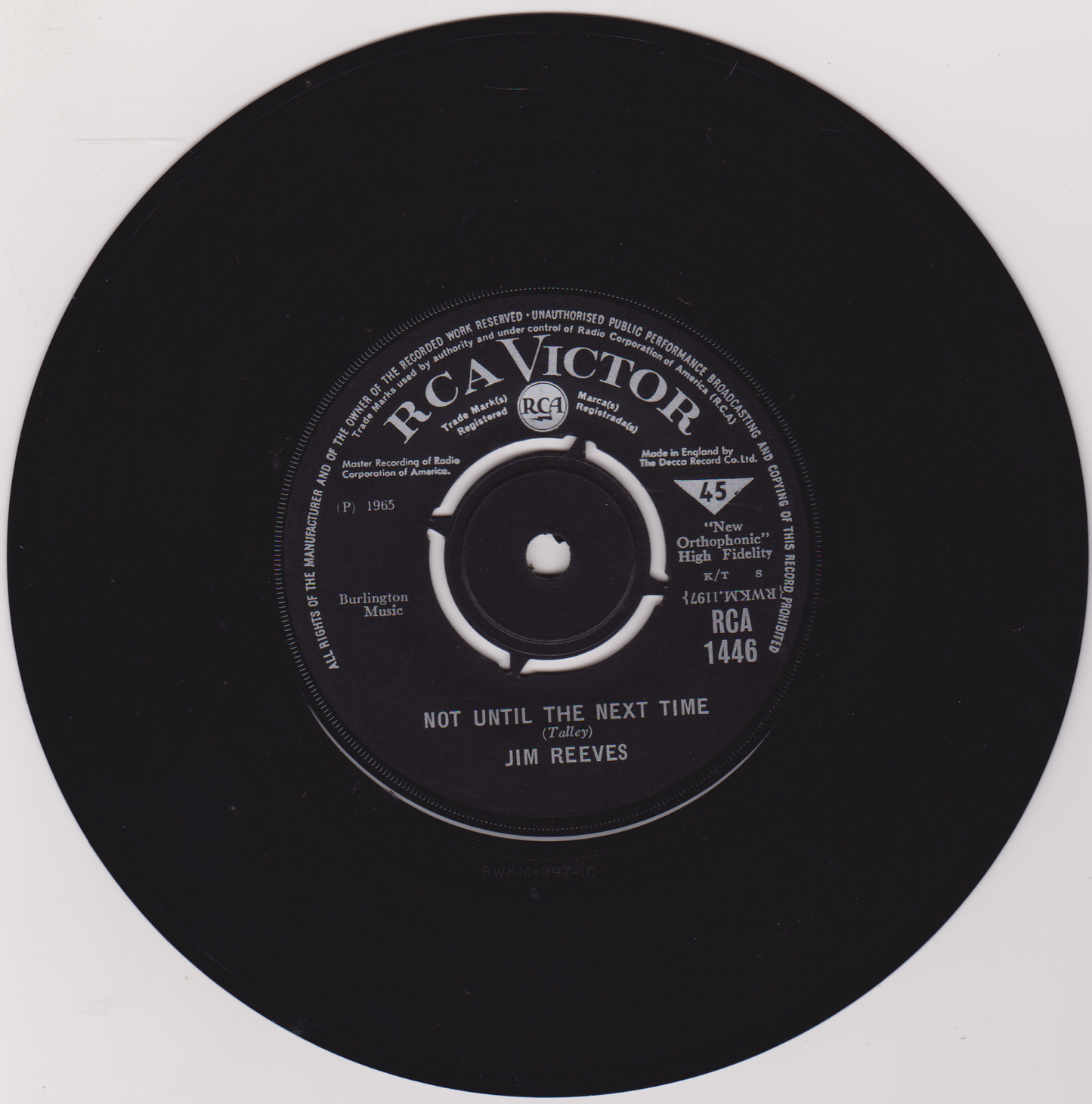 Jim Reeves – Not Until The Next Time (RCA 1965) 7" vinyl single VG/VG