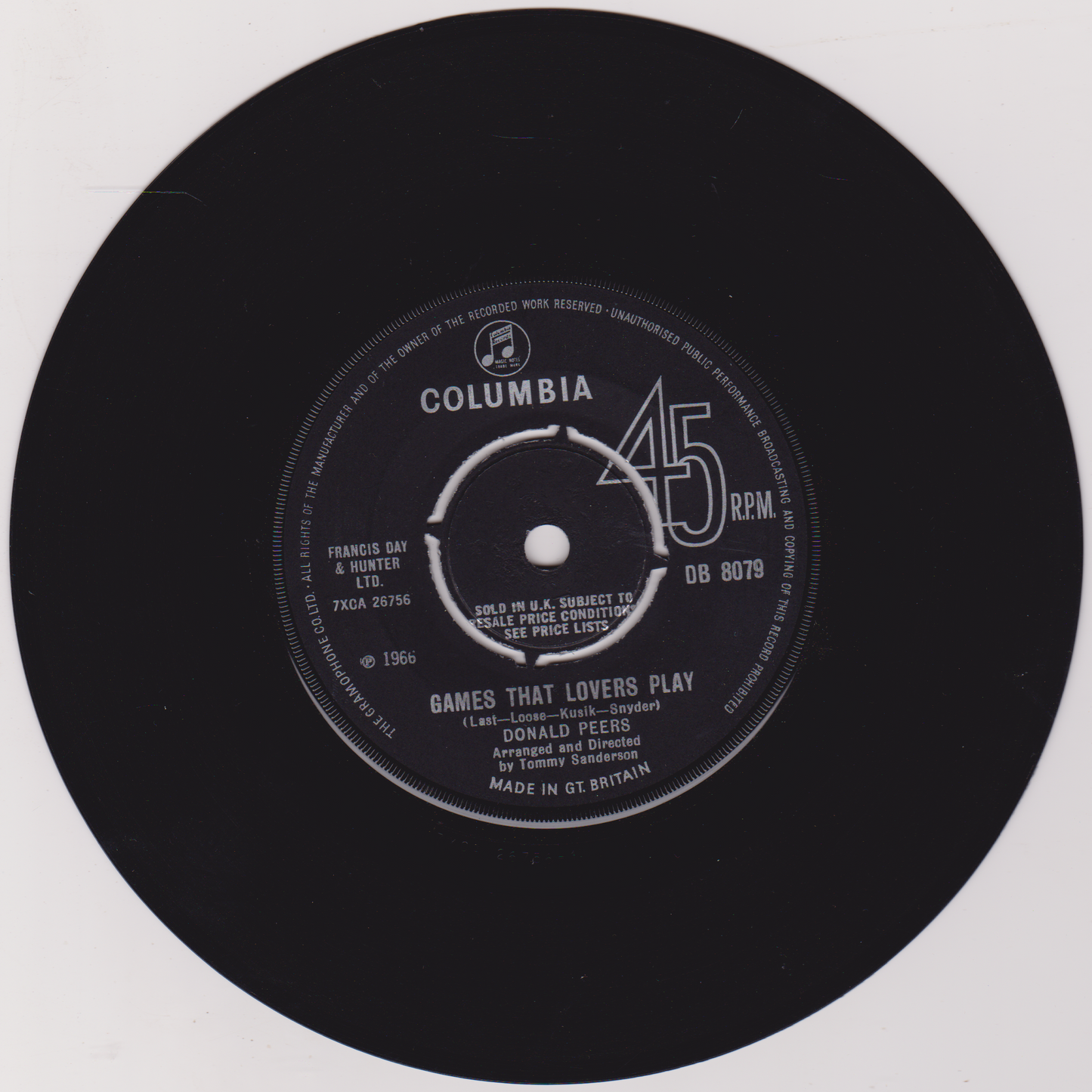 Donald Peers – Games That Lovers Play (Columbia 1966) 7" vinyl single VG/-