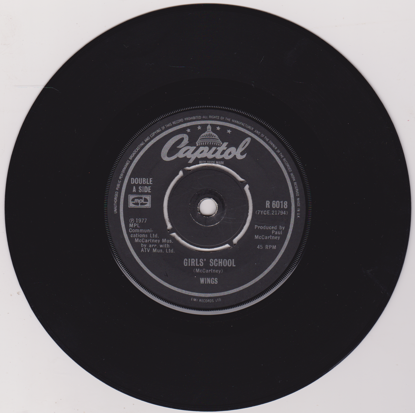 Wings ‎– Mull Of Kintyre / Girls' School (Capitol 1977) 7" vinyl single VG/-