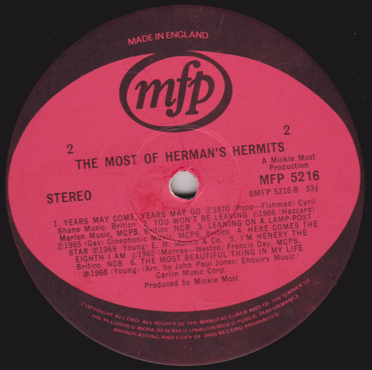 Herman's Hermits ‎– The Most Of Herman's Hermits (EMI 1971) 12" vinyl LP VG/VG