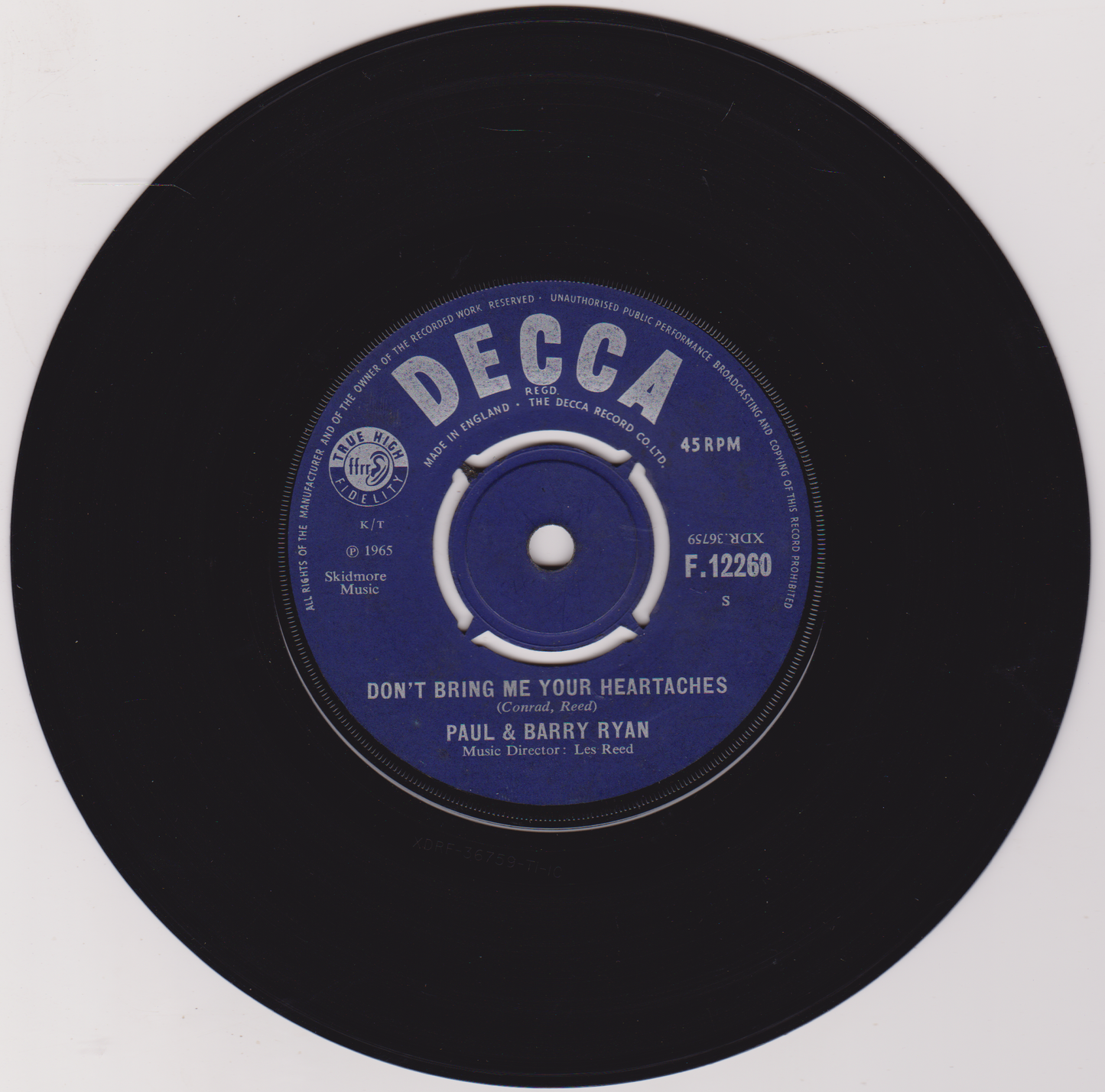 Paul & Barry Ryan ‎– Don't Bring Me Your Heartaches (Decca 1965) 7" vinyl single VG/VG