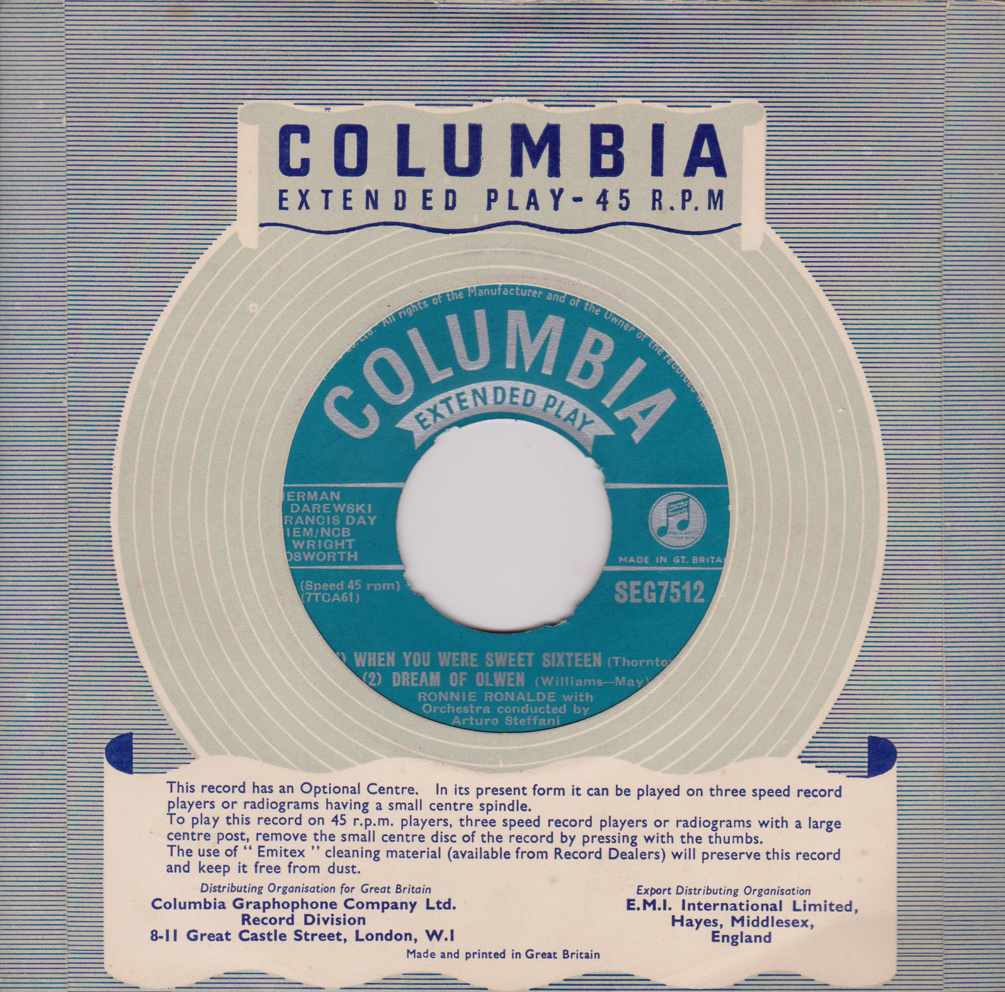 Ronnie Ronalde - Song Of The Mountains (Columbia  1954) 7" vinyl EP VG/VG jukebox