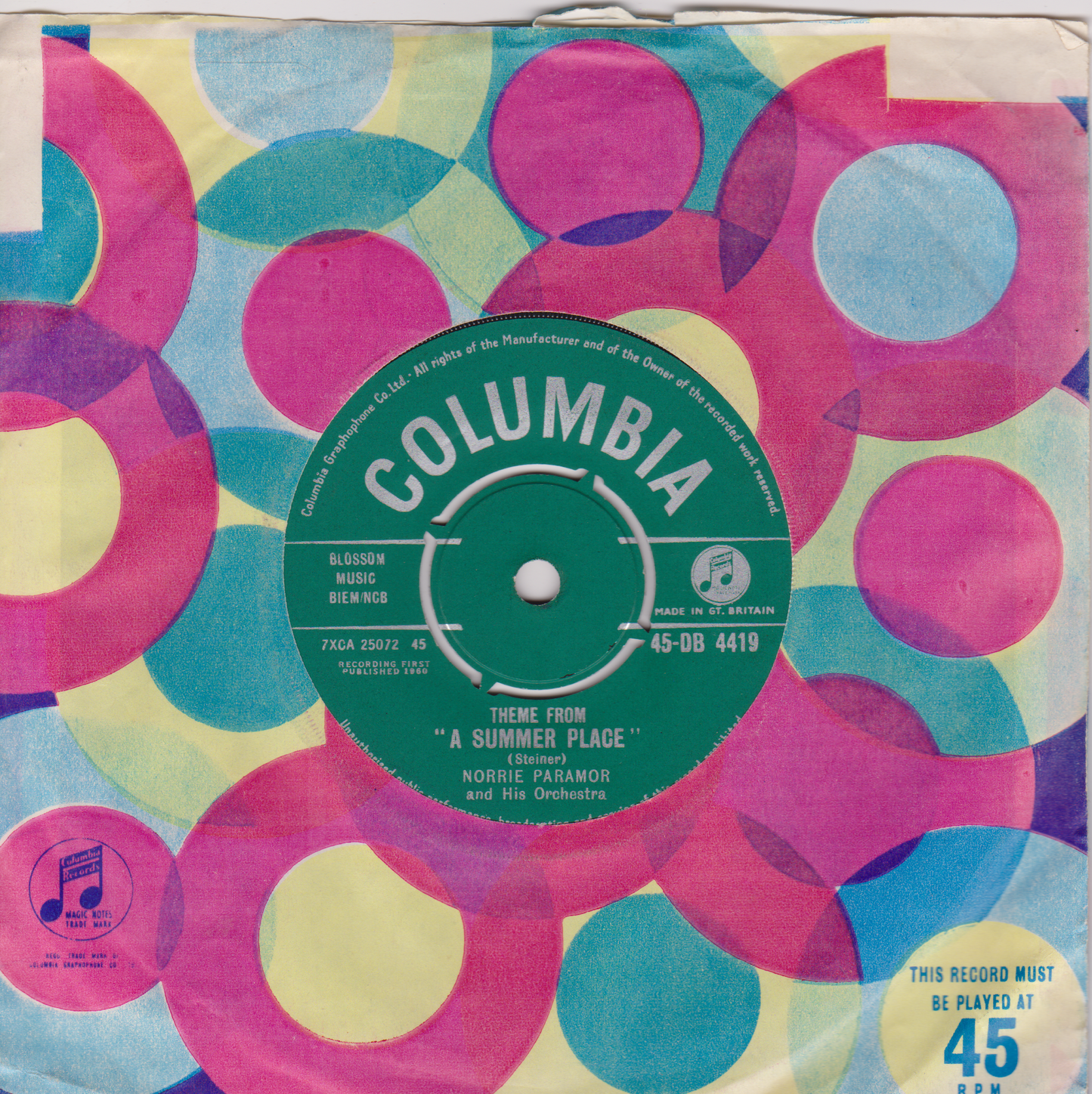 Norrie Paramor And His Orchestra – Theme From "Summer Place" (Columbia 1960) 7" vinyl single G+/-