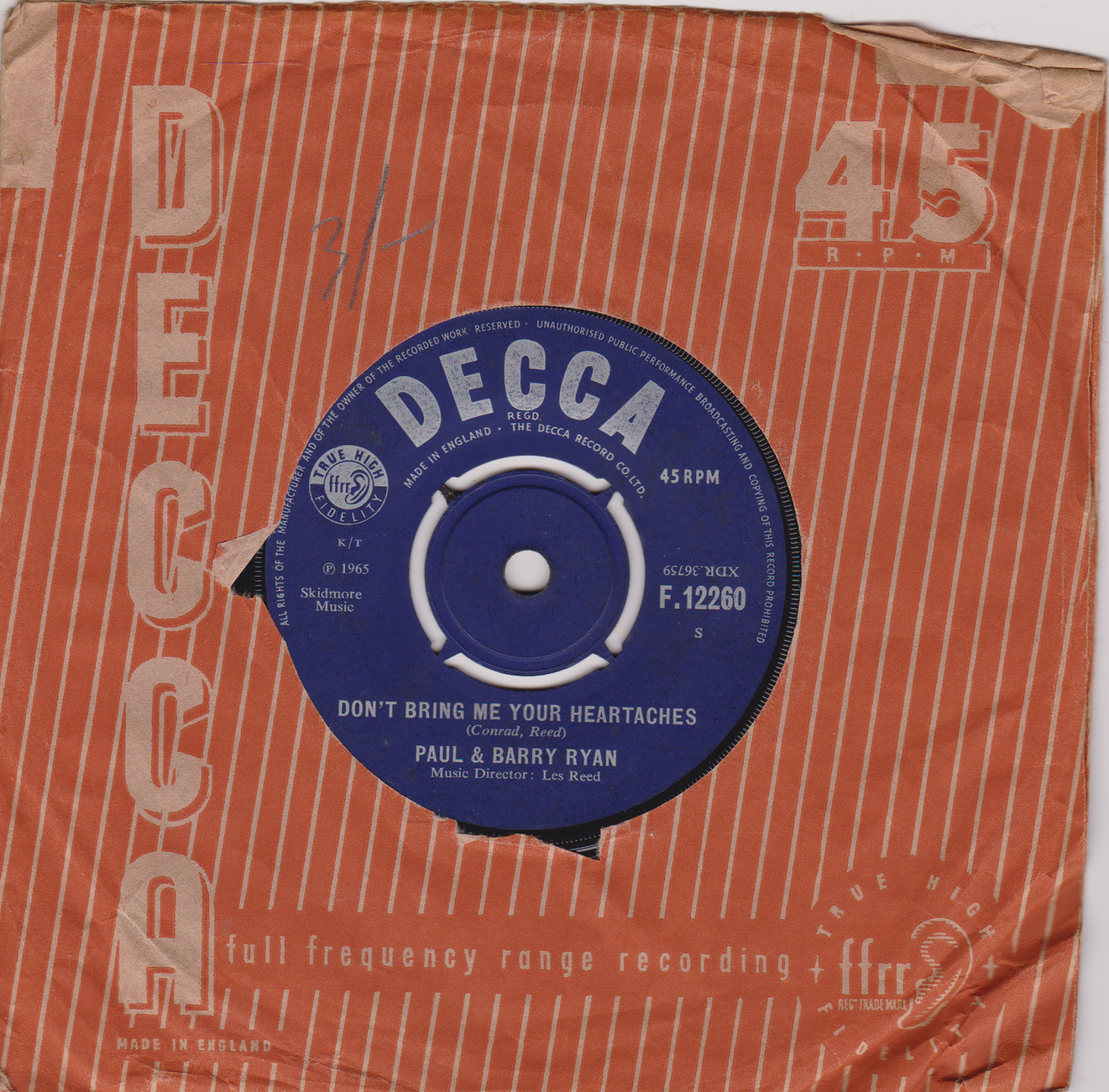 Paul & Barry Ryan ‎– Don't Bring Me Your Heartaches (Decca 1965) 7" vinyl single VG/VG