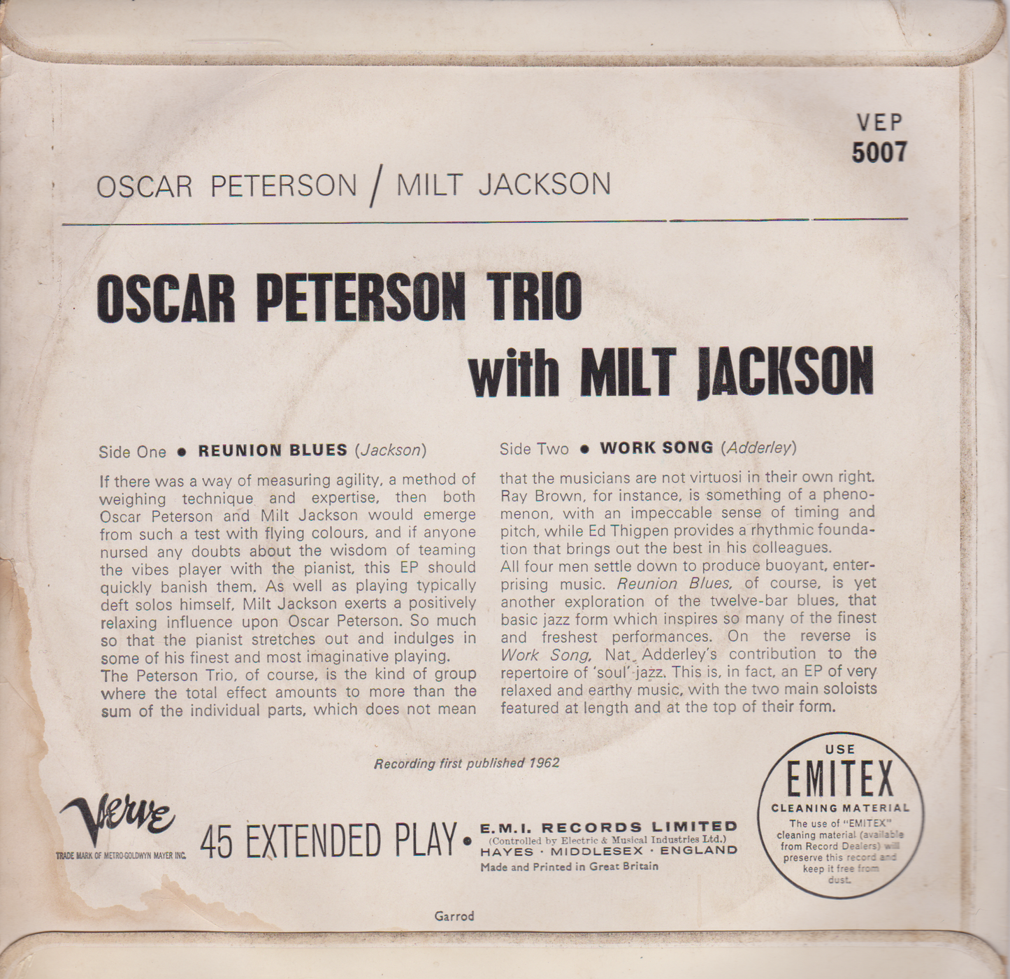 The Oscar Peterson Trio With Milt Jackson – Reunion Blues (Verve 1962) 7" vinyl single VG/VG
