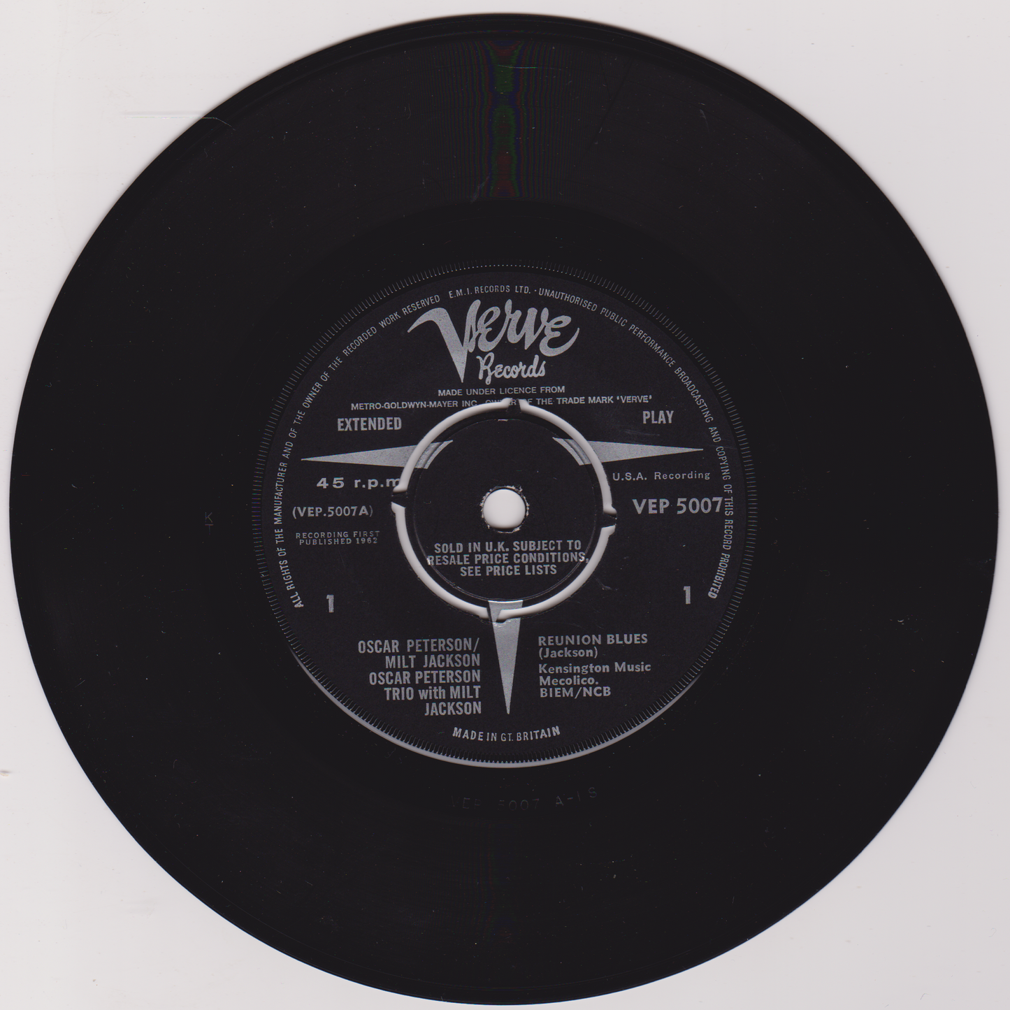 The Oscar Peterson Trio With Milt Jackson – Reunion Blues (Verve 1962) 7" vinyl single VG/VG