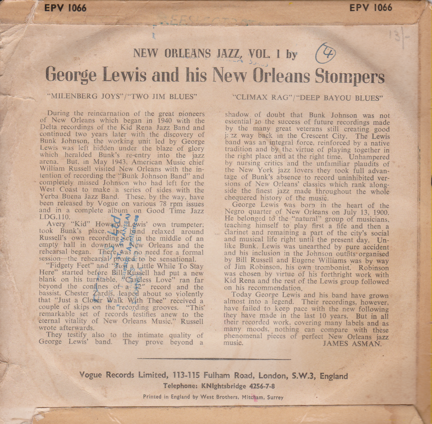 George Lewis And His New Orleans Stompers ‎– New Orleans Jazz, Vol 1 (Vogue 1955) 7" vinyl EP VG/G