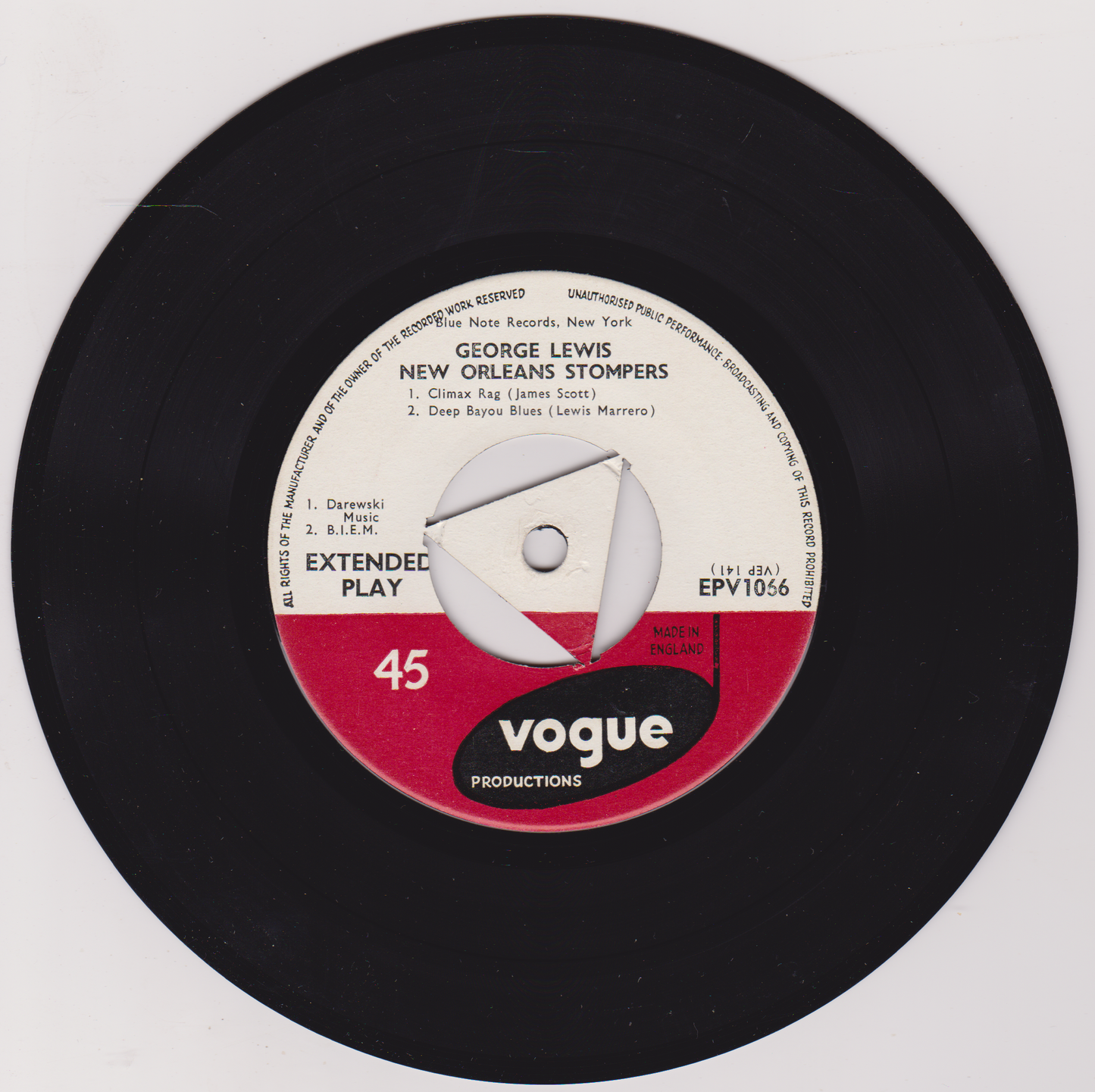 George Lewis And His New Orleans Stompers ‎– New Orleans Jazz, Vol 1 (Vogue 1955) 7" vinyl EP VG/G