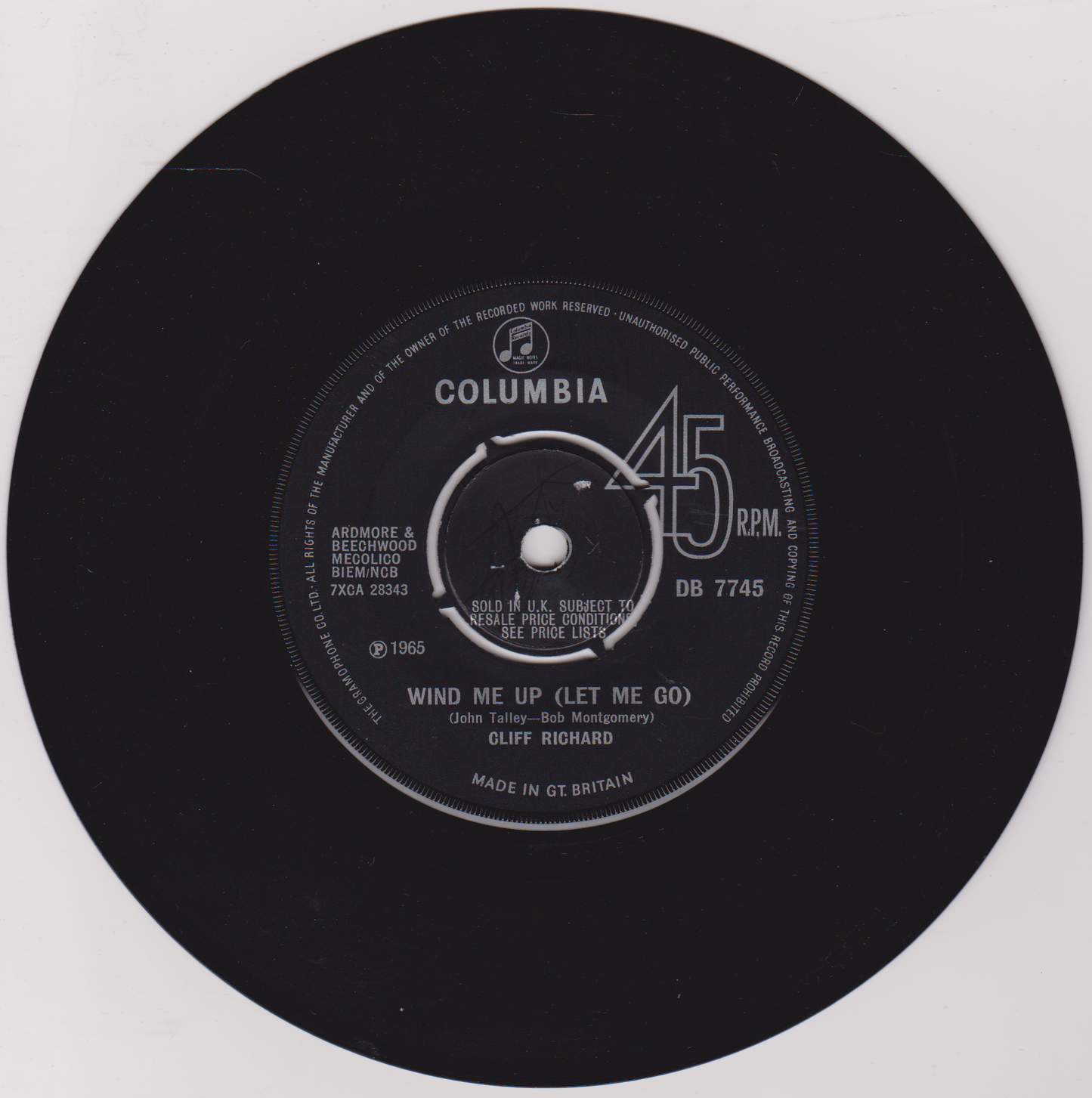 Cliff Richard And The Shadows ‎– Wind Me Up (Let Me Go) (Columbia 1965) 7" vinyl single VG/-