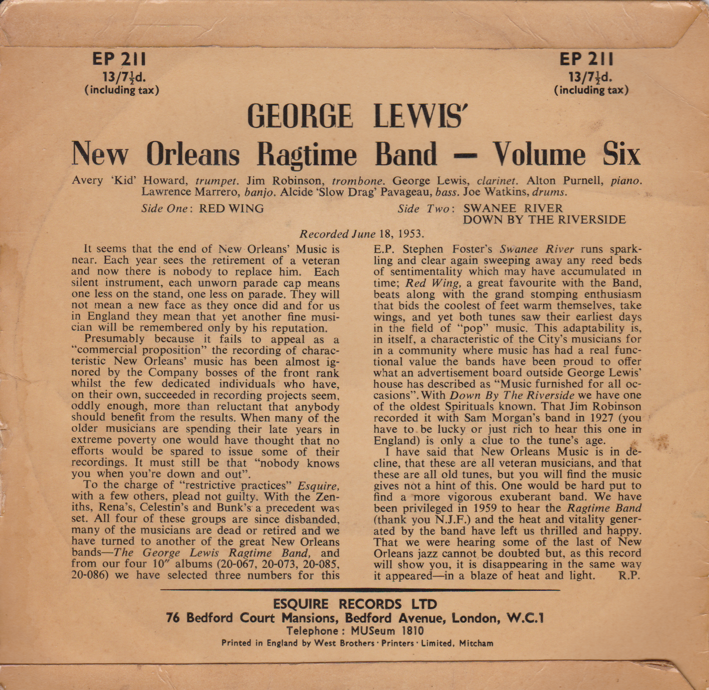 George Lewis' New Orleans Ragtime Band ‎– Volume Six (Esquire 1959) 7" vinyl EP G+/VG
