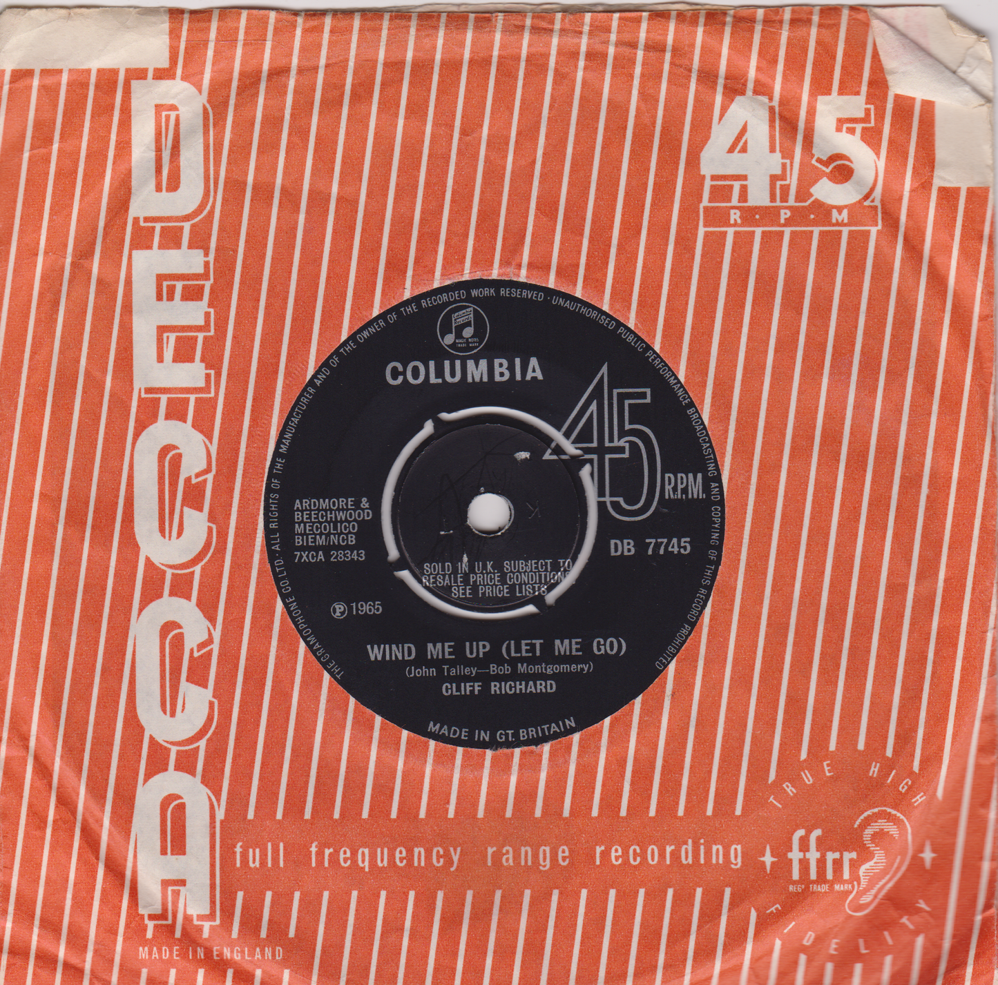 Cliff Richard And The Shadows ‎– Wind Me Up (Let Me Go) (Columbia 1965) 7" vinyl single VG/-