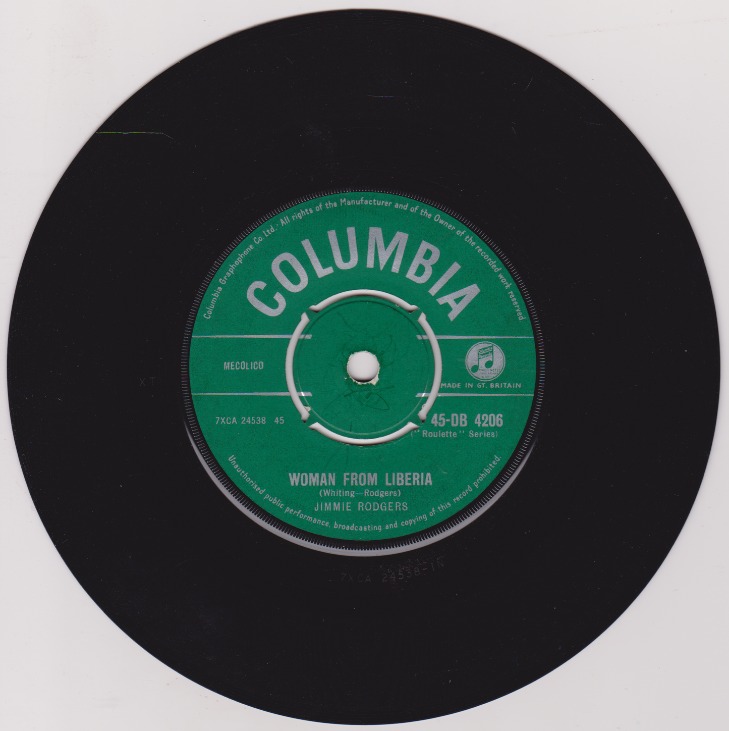Jimmie Rodgers – Woman From Liberia (Columbia 1958) 7" vinyl single VG/G