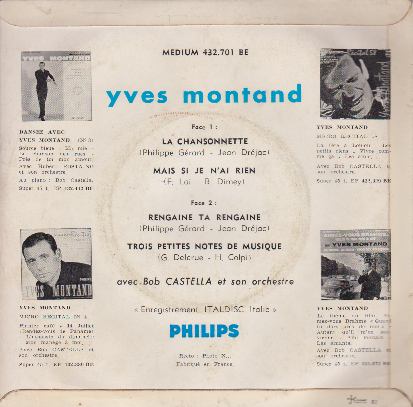 Yves Montand – La Chansonnette (Philips 1961) 7" vinyl single G+/VG