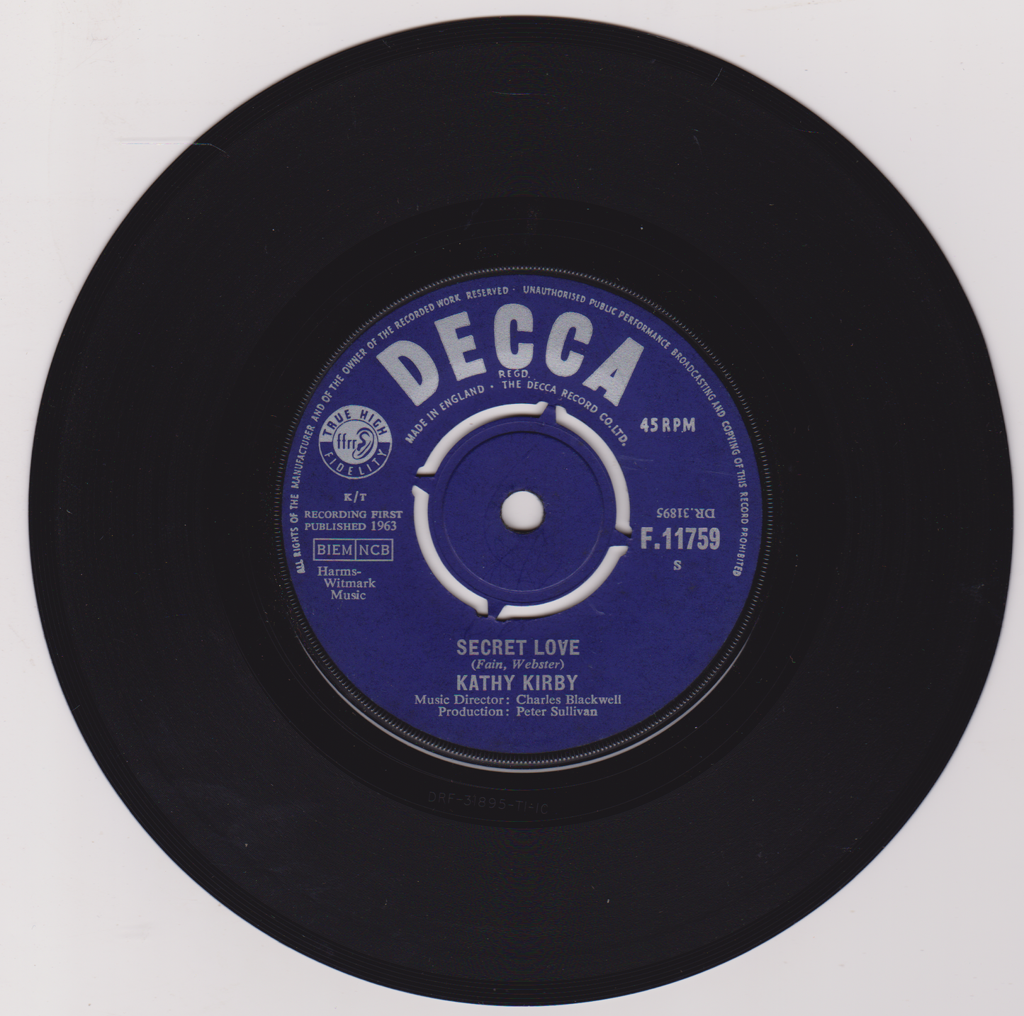 Kathy Kirby – Secret Love (Decca 1963) 7" vinyl single VG/G+