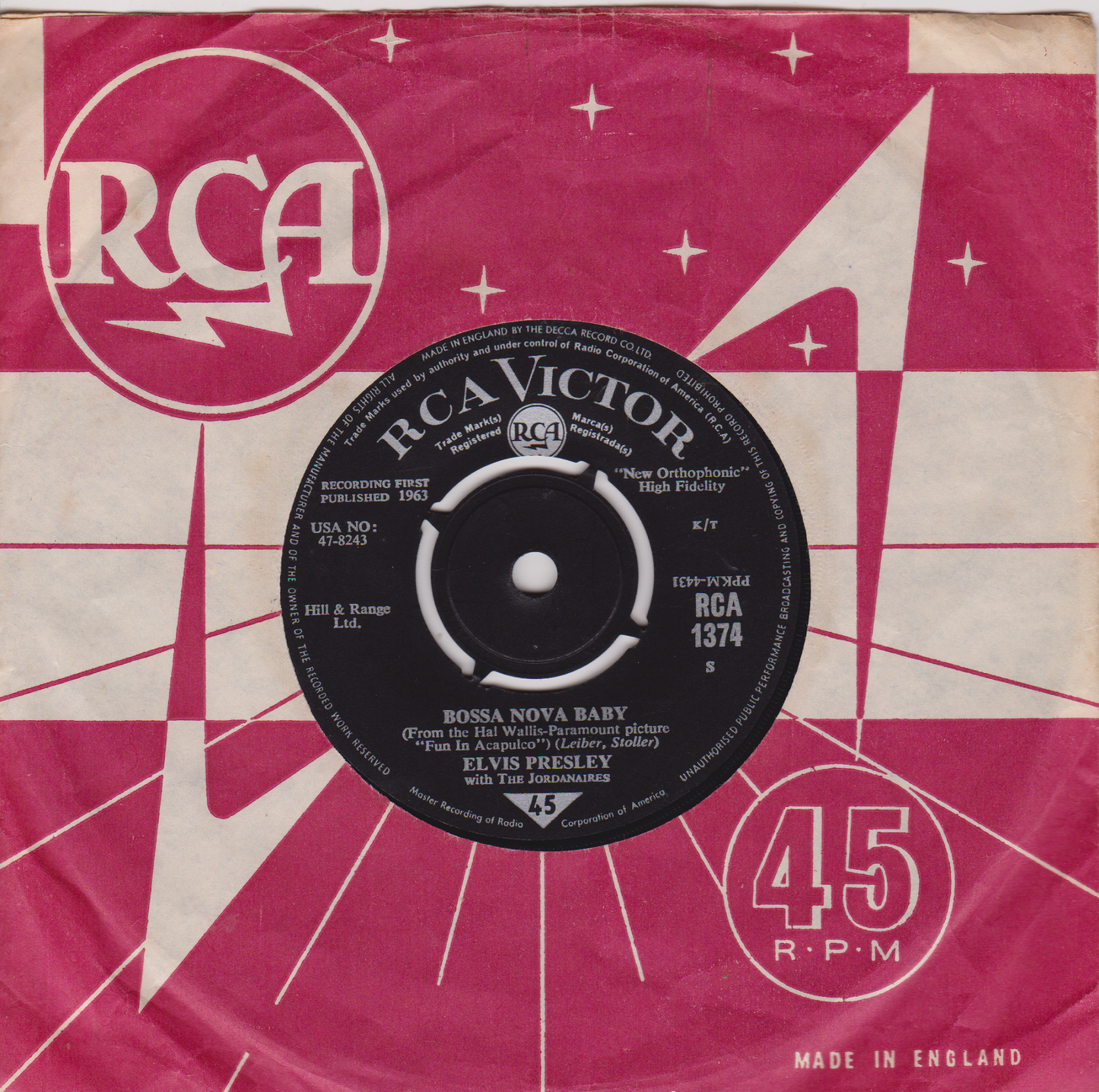 Elvis Presley With The Jordanaires – Bossa Nova Baby (RCA 1963) 7" vinyl single VG/VG