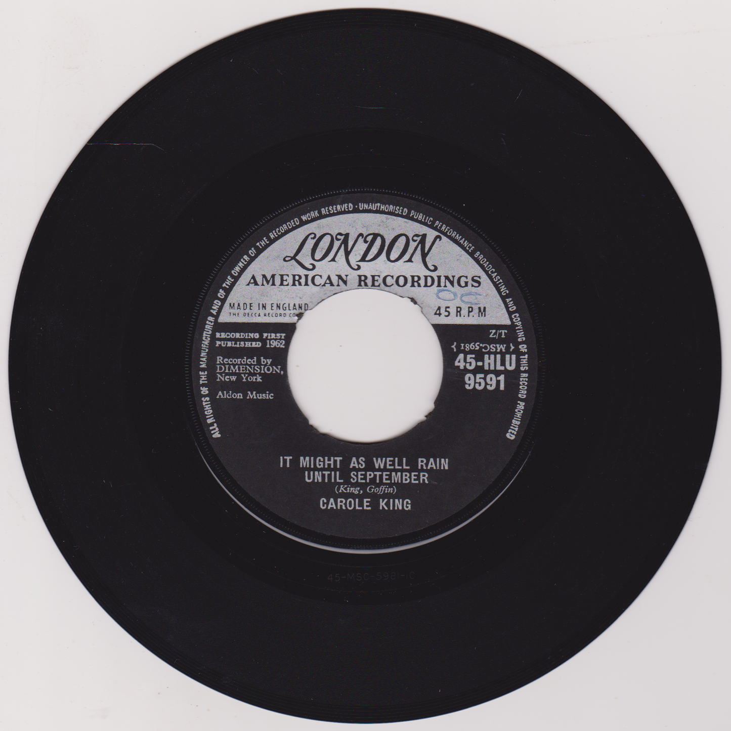 Carole King ‎– It Might As Well Rain Until September (London 1962) 7" vinyl single VG/G+ jukebox centre