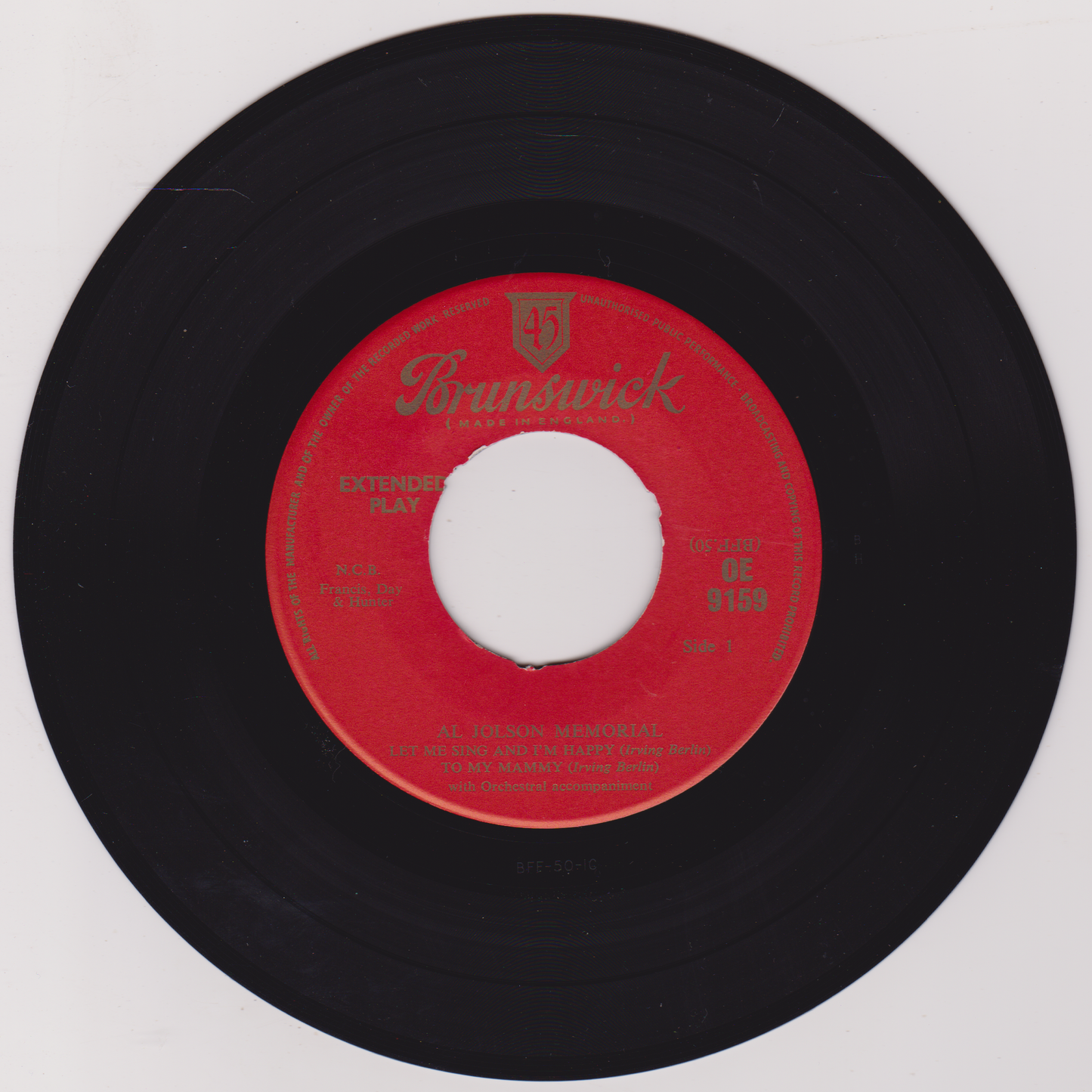 Al Jolson – Al Jolson Memorial (Brunswick) 7" vinyl EP VG/VG jukebox centre