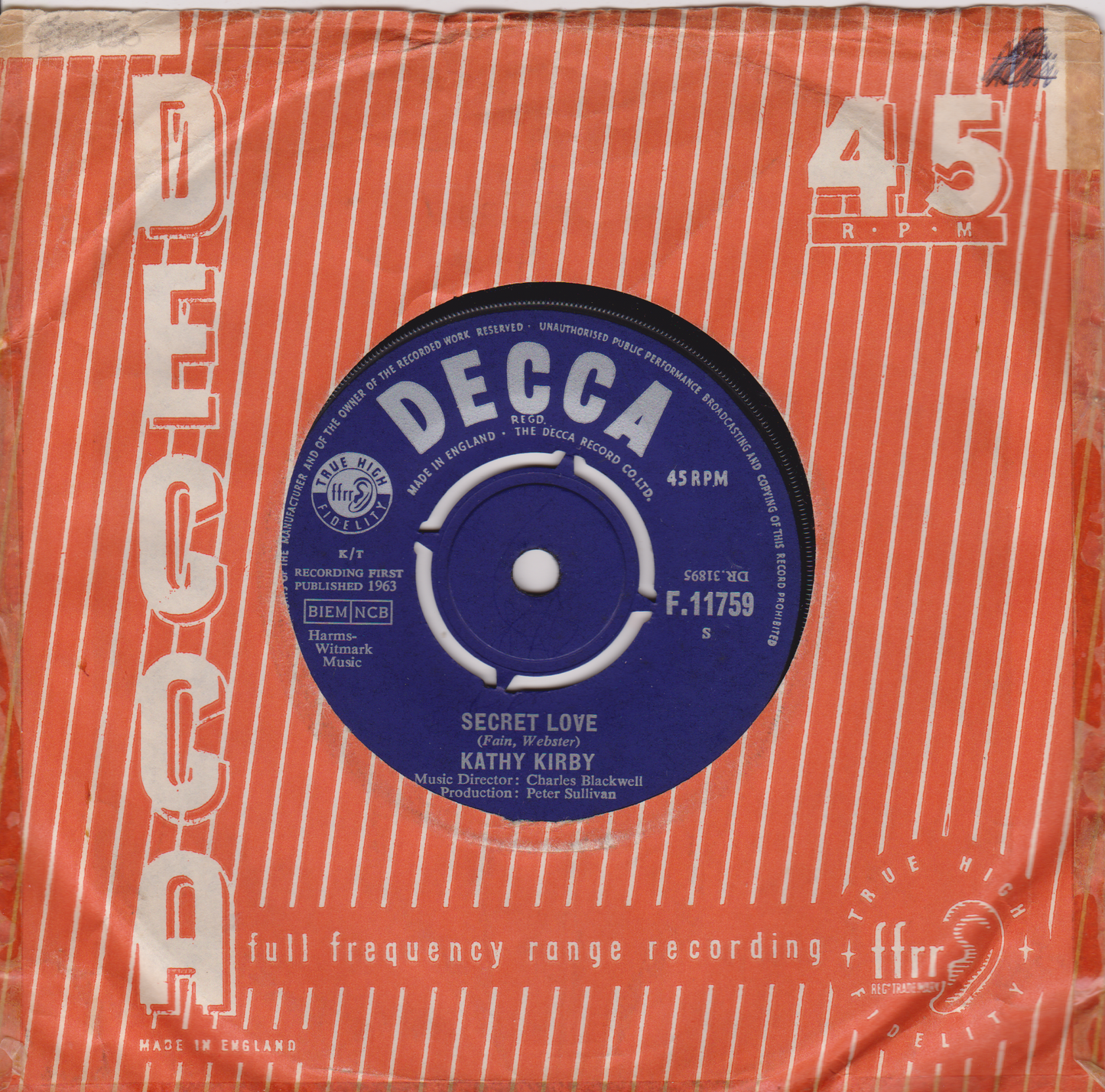 Kathy Kirby – Secret Love (Decca 1963) 7" vinyl single VG/G+
