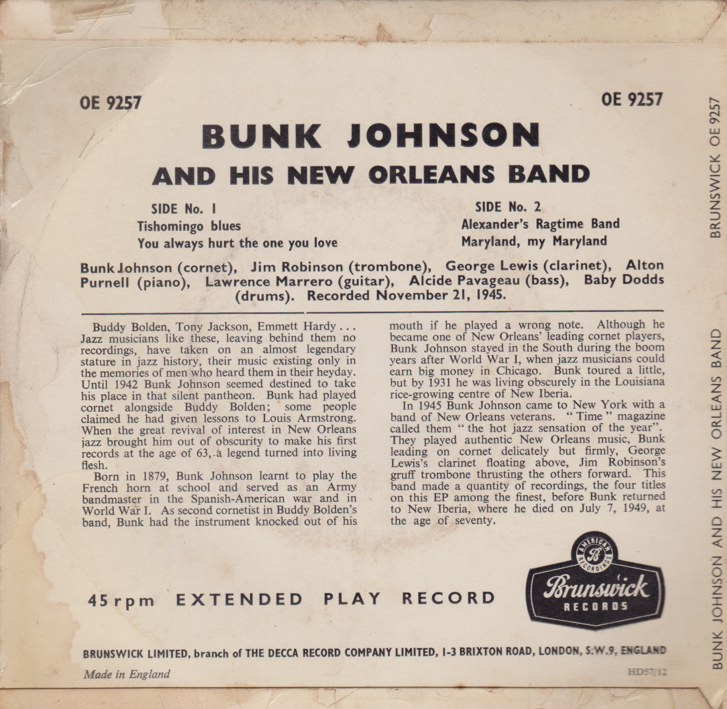 Bunk Johnson And His New Orleans Band ‎– Tishomingo Blues (Brunswick 1956) 7" vinyl EP VG/G+