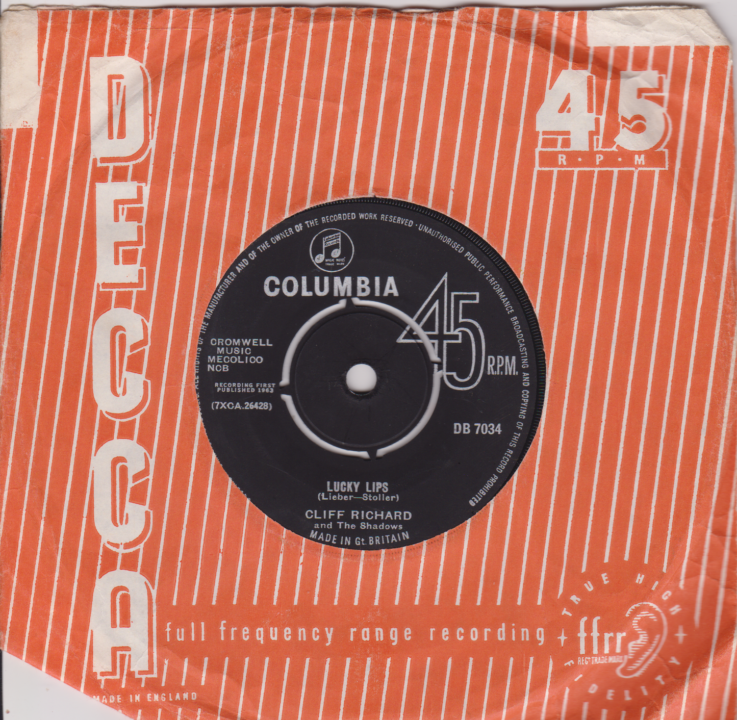 Cliff Richard And The Shadows ‎– Lucky Lips (Columbia 1963) 7" vinyl single VG/-