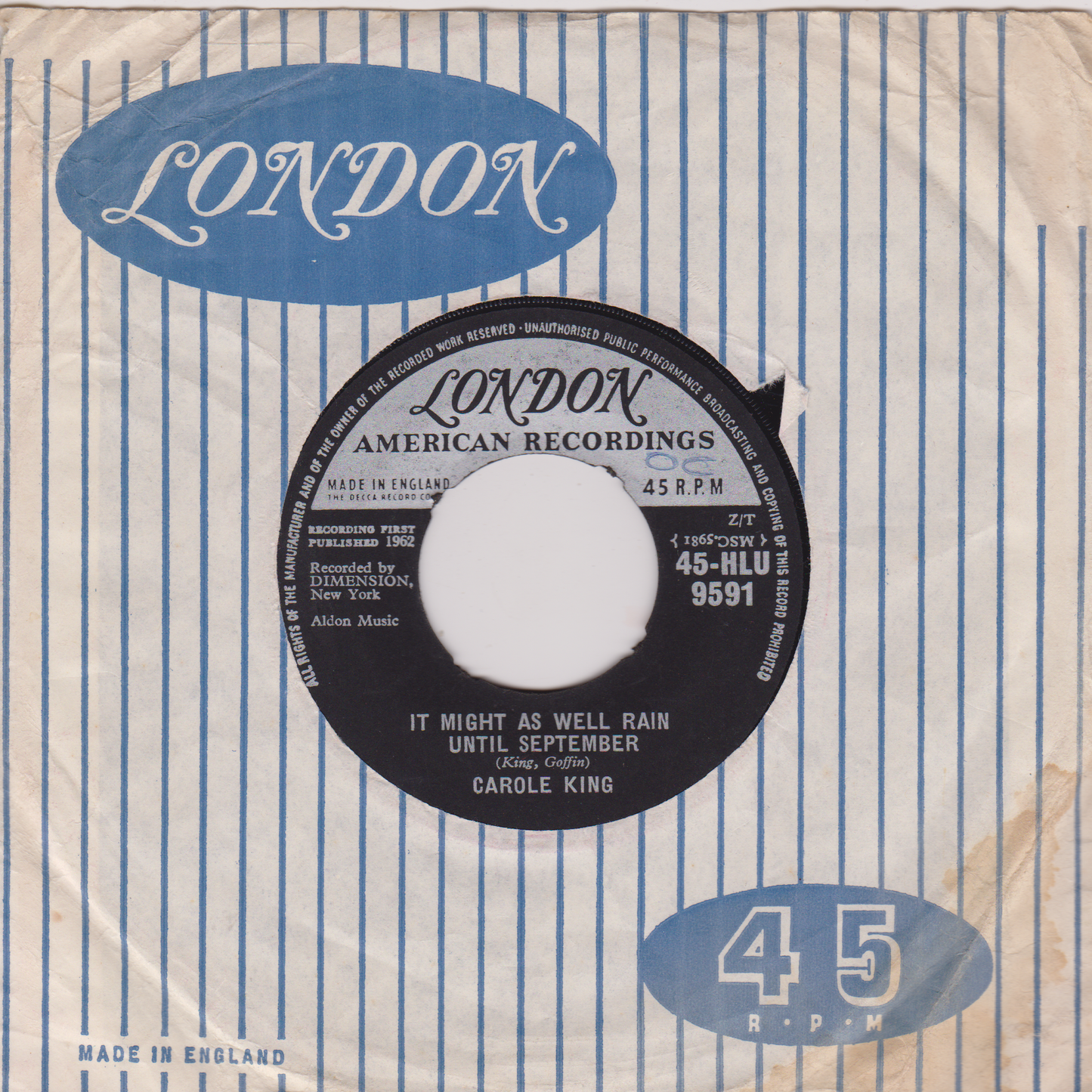 Carole King ‎– It Might As Well Rain Until September (London 1962) 7" vinyl single VG/G+ jukebox centre