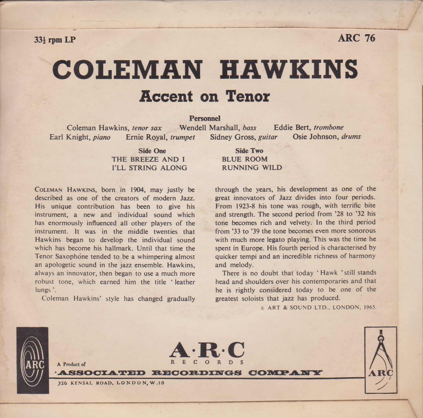 Coleman Hawkins – Accent On Tenor (ARC 1965) 7" vinyl EP VG/VG 33rpm