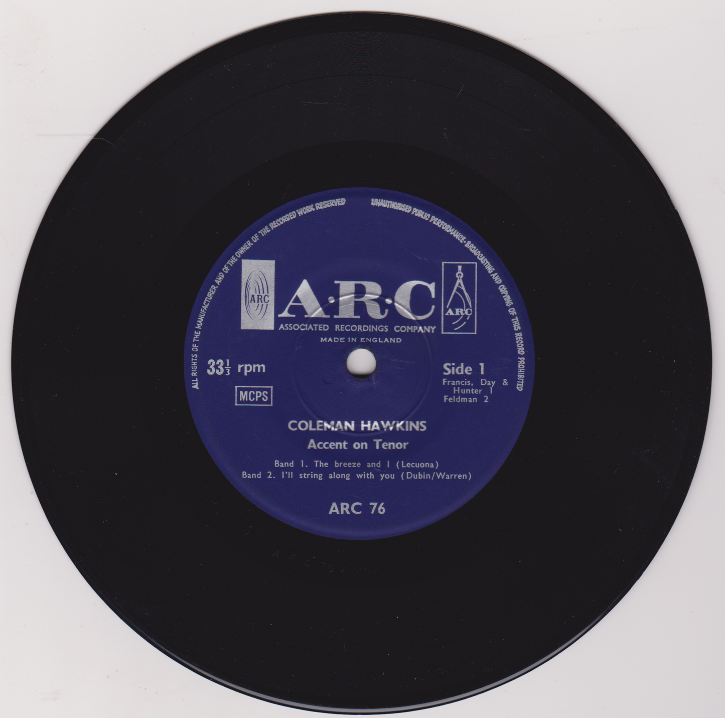 Coleman Hawkins – Accent On Tenor (ARC 1965) 7" vinyl EP VG/VG 33rpm
