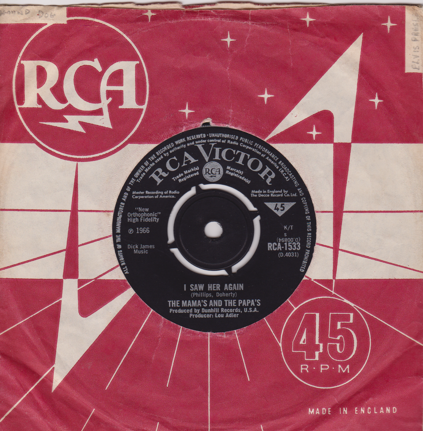 The Mama's And The Papa's ‎– I Saw Her Again (RCA 1966) 7" vinyl single VG/VG