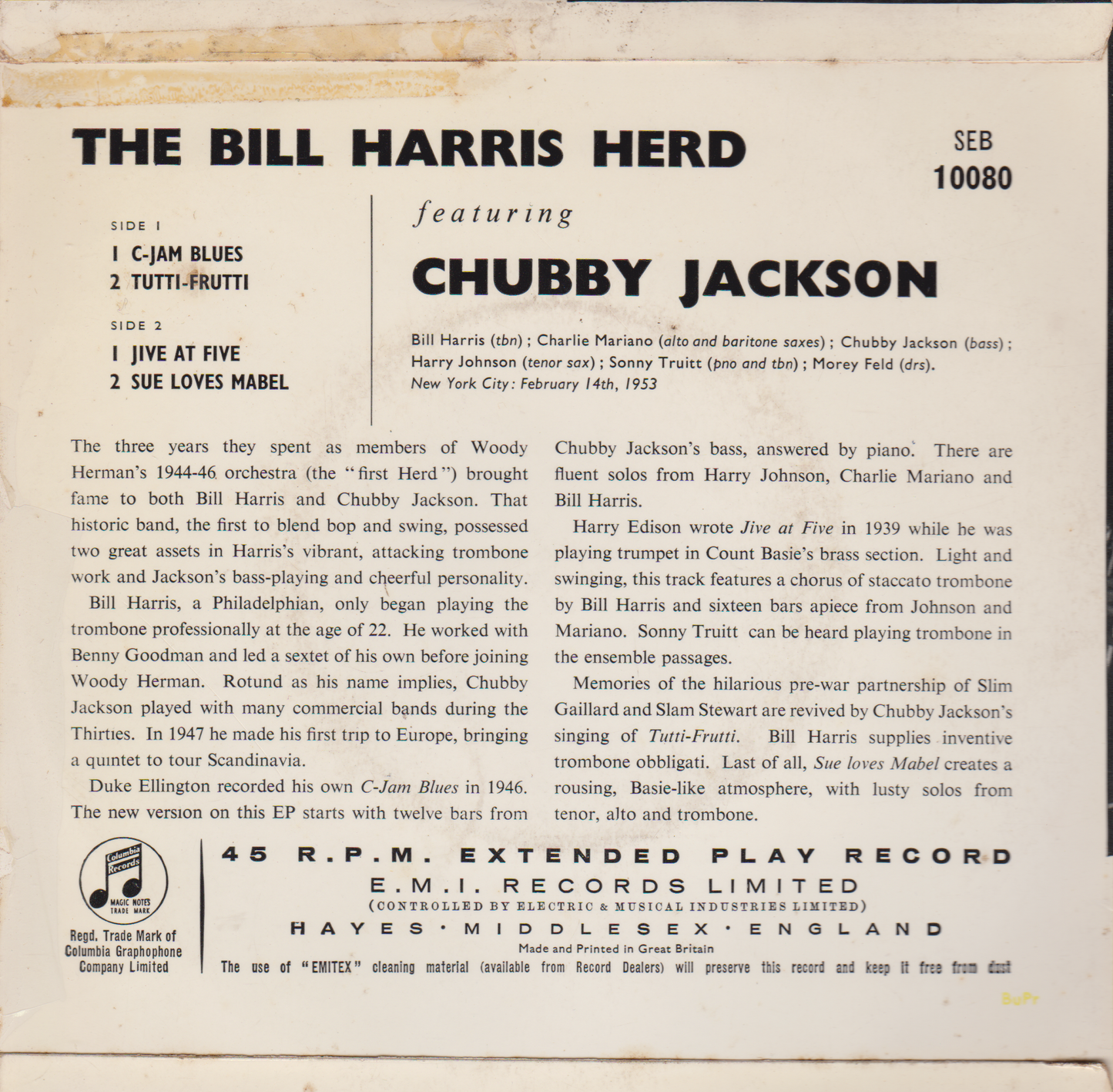 The Bill Harris Herd Featuring Chubby Jackson (Columbia) 7" vinyl EP VG/VG