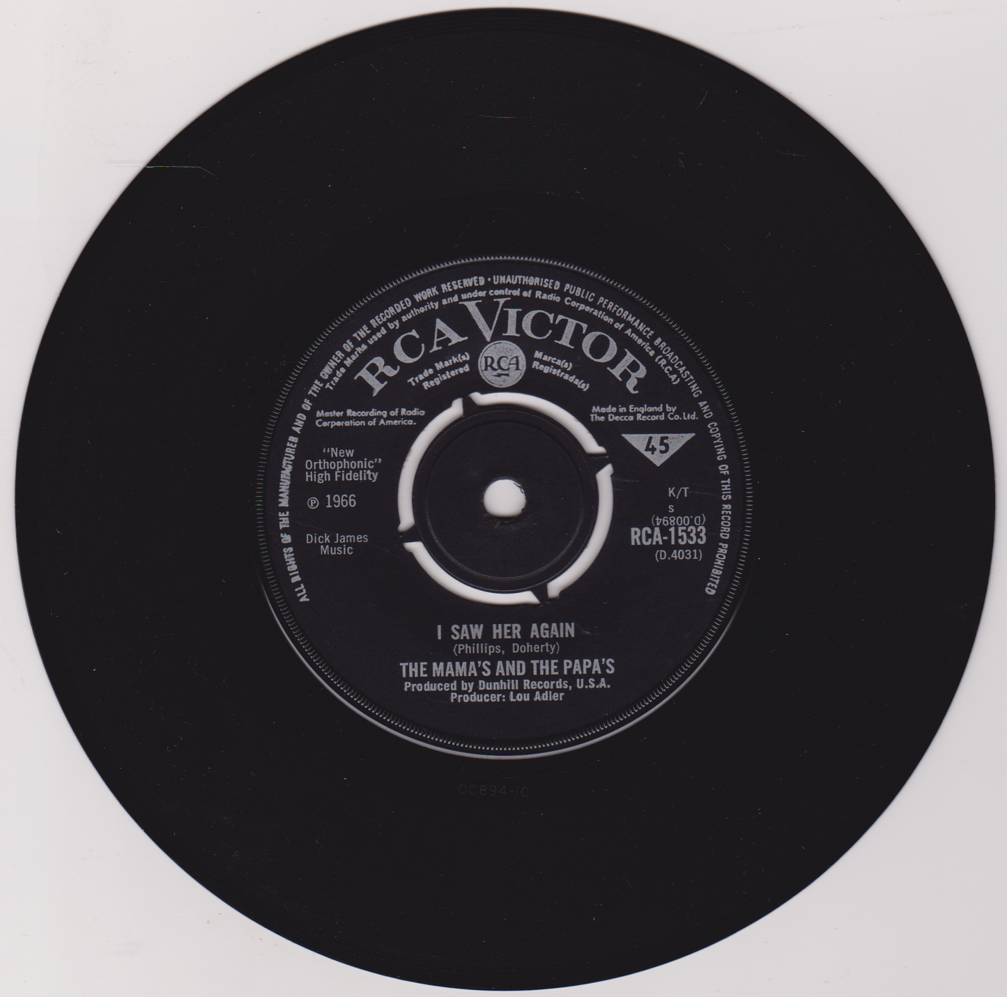 The Mama's And The Papa's ‎– I Saw Her Again (RCA 1966) 7" vinyl single VG/VG
