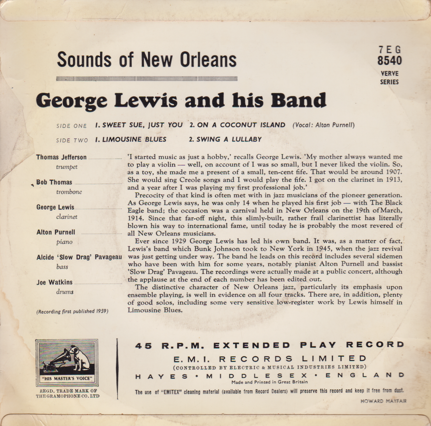 George Lewis And His Band ‎– Sounds Of New Orleans (HMV 1959) 7" vinyl EP VG/G+