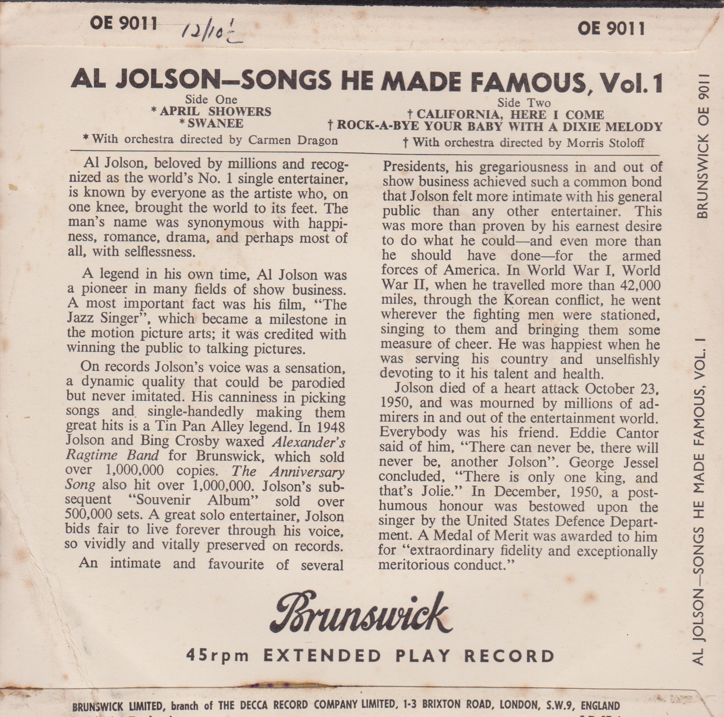 Al Jolson – Songs He Made Famous Volume 1 (Brunswick 1956) 7" vinyl EP VG/VG jukebox