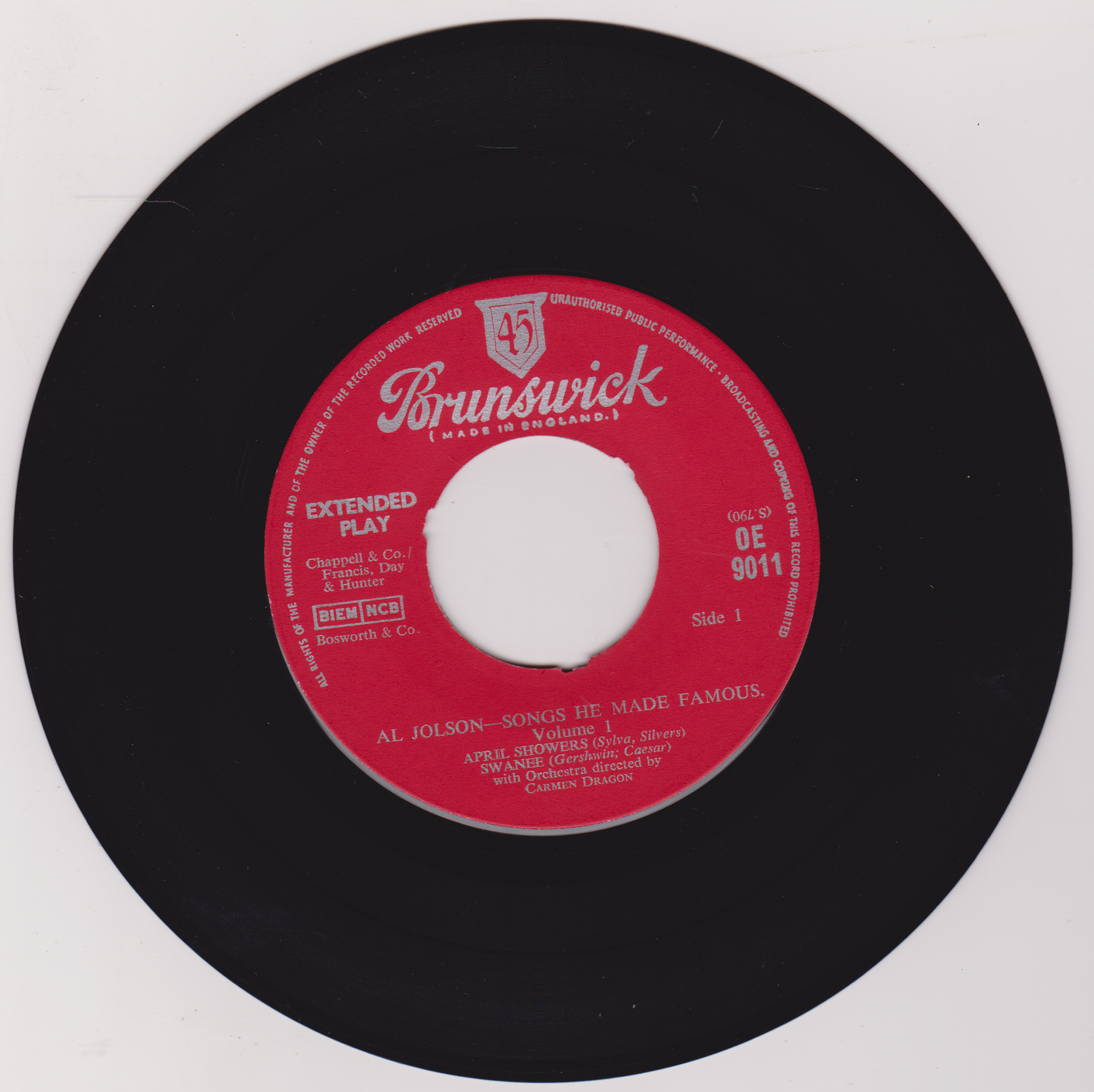 Al Jolson – Songs He Made Famous Volume 1 (Brunswick 1956) 7" vinyl EP VG/VG jukebox