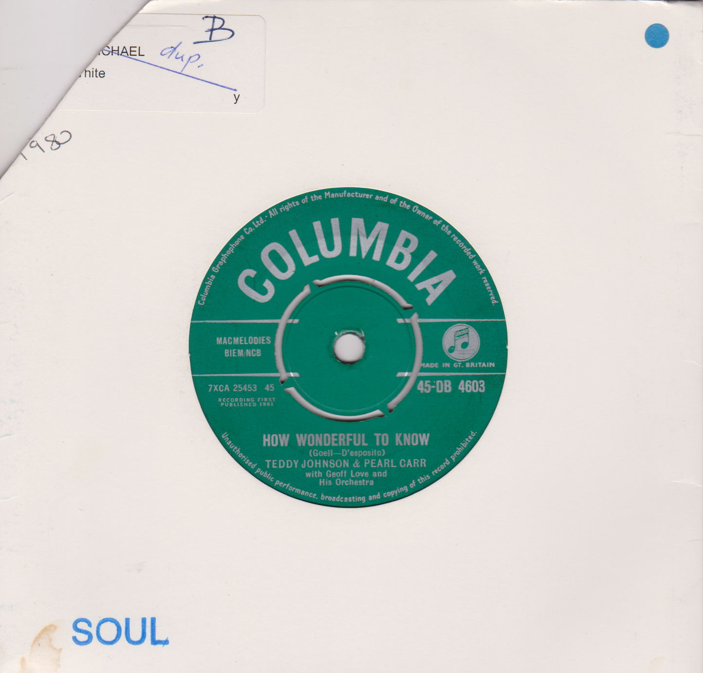 Teddy Johnson & Pearl Carr ‎– How Wonderful To Know (Columbia 1961) 7" vinyl single VG/-