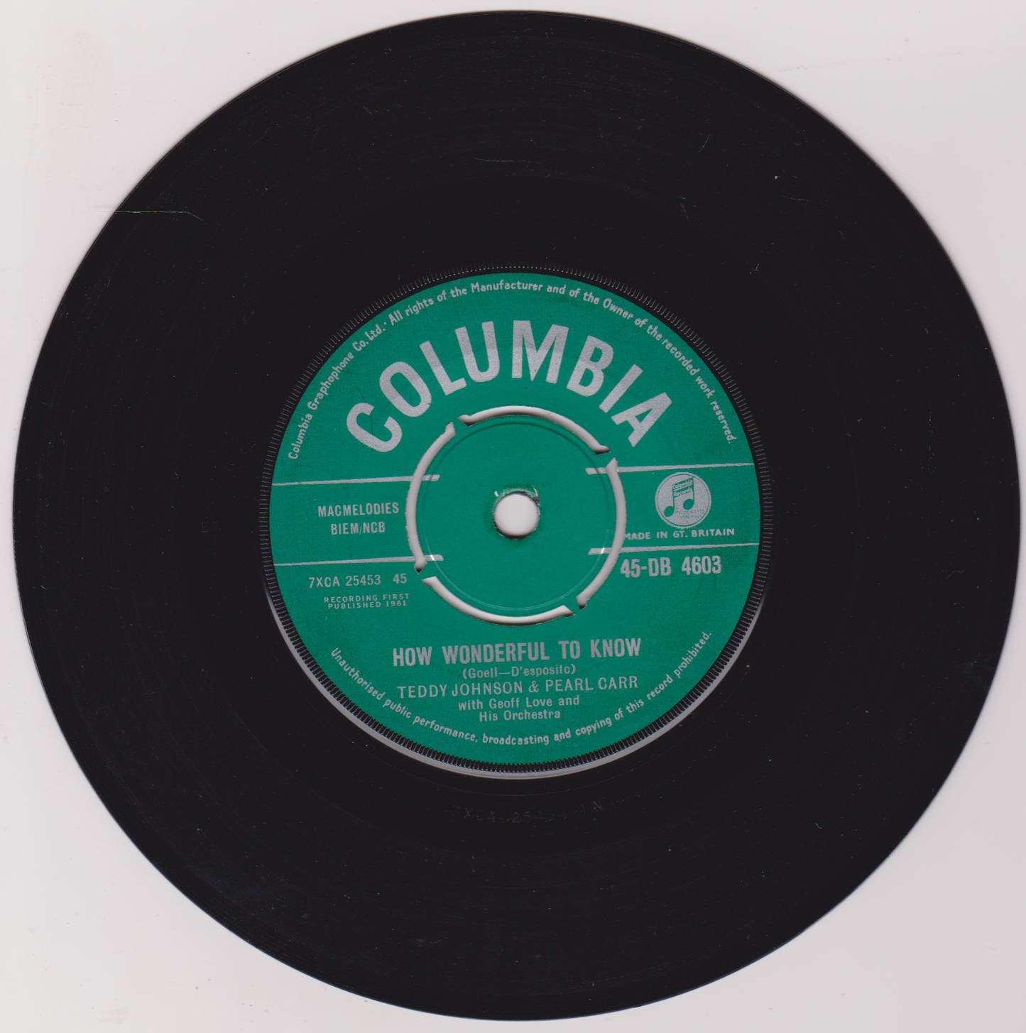 Teddy Johnson & Pearl Carr ‎– How Wonderful To Know (Columbia 1961) 7" vinyl single VG/-