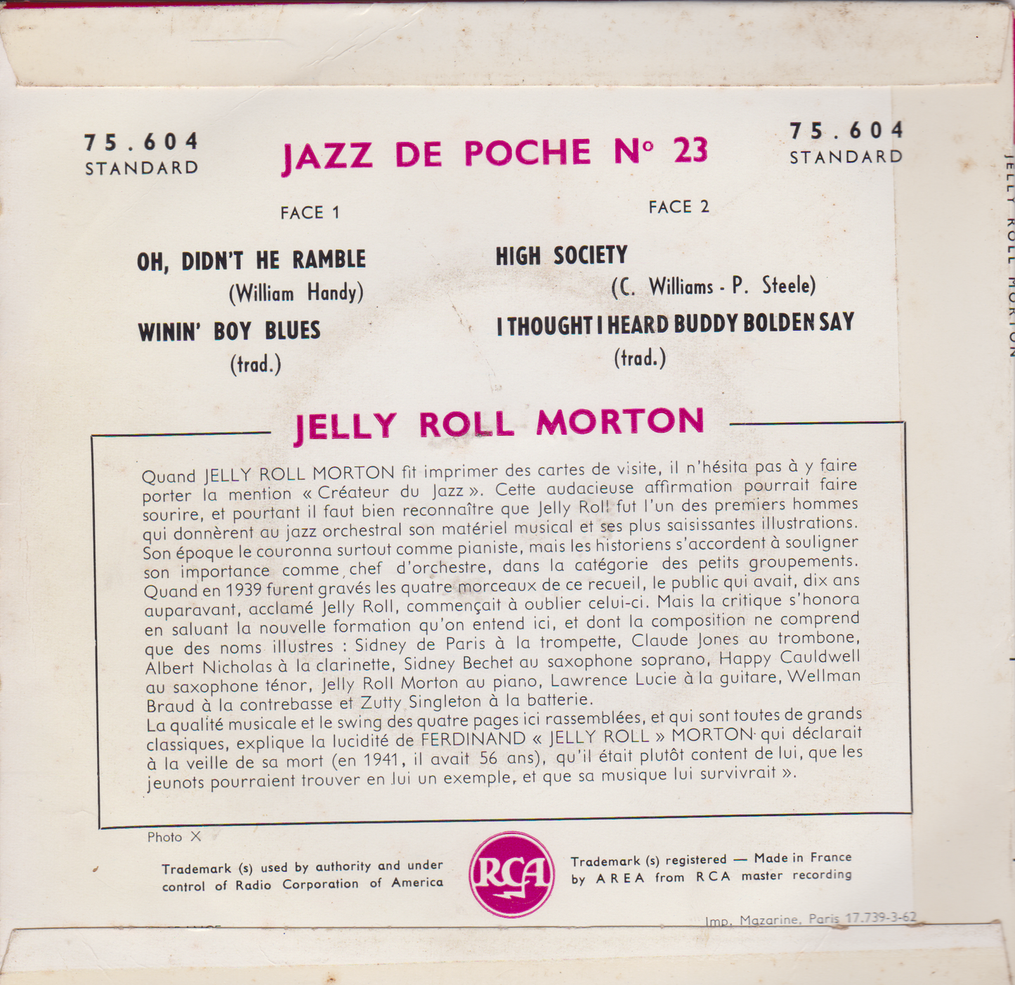 Jelly Roll Morton ‎– Jazz De Poche N° 23 (RCA 1960) 7" vinyl EP VG/VG France