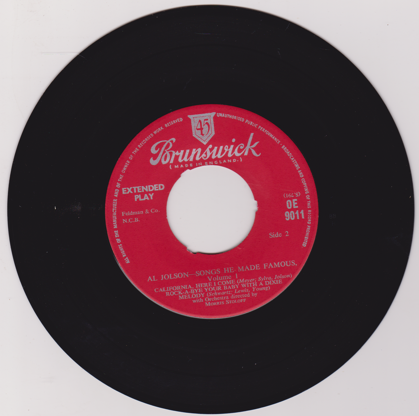 Al Jolson – Songs He Made Famous Volume 1 (Brunswick 1956) 7" vinyl EP VG/VG jukebox