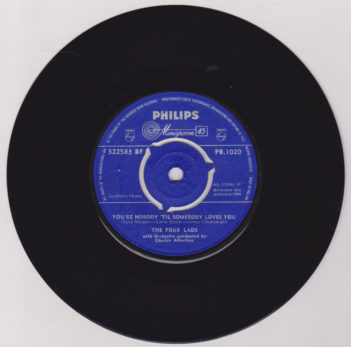 The Four Lads ‎– You're Nobody 'Til Somebody Loves You 7" vinyl single VG/G
