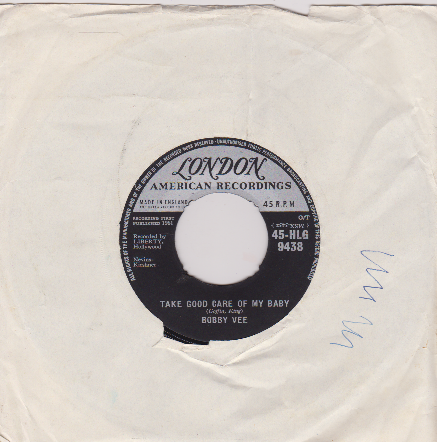 Bobby Vee ‎– Take Good Care Of My Baby (London 1961) 7" vinyl single VG/- jukebox centre