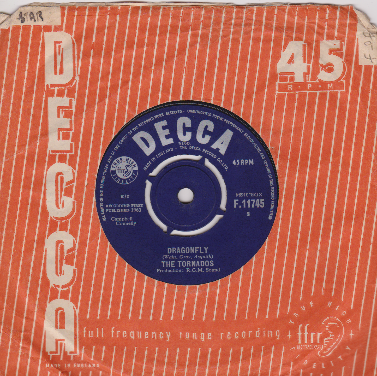 The Tornados ‎– Dragonfly (Decca 1963) 7" vinyl single VG/VG