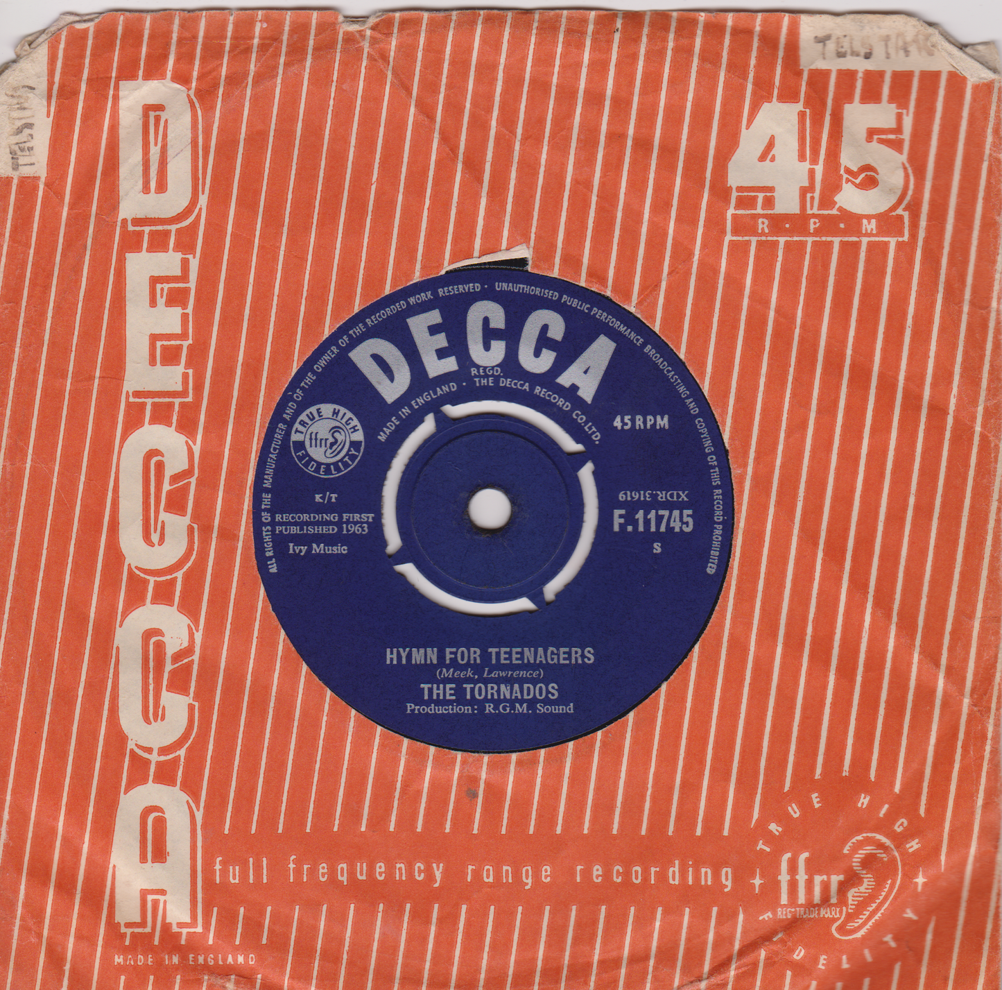 The Tornados ‎– Dragonfly (Decca 1963) 7" vinyl single VG/VG