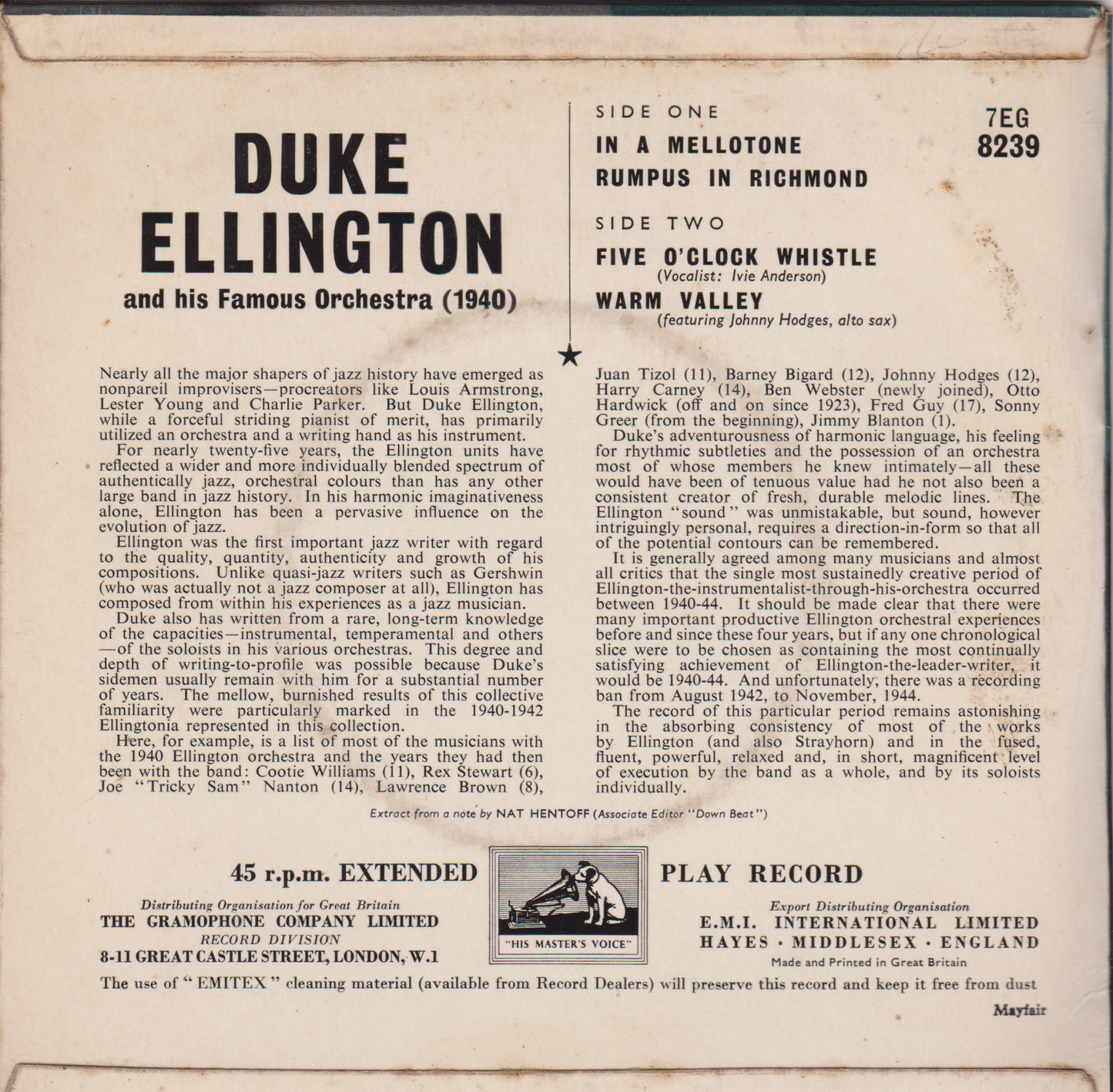 Duke Ellington - In A Mellotone (HMV) 7" vinyl P/S EP VG/VG