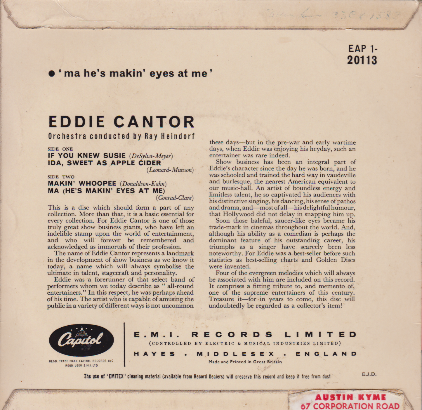 Eddie Cantor ‎– Ma He's Makin' Eyes At Me (Capitol 1962) 7" vinyl P/S EP VG/VG