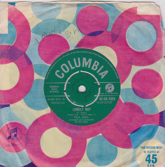 Paul Anka ‎– Lonely Boy (Columbia 1959) 7" vinyl single VG/G+
