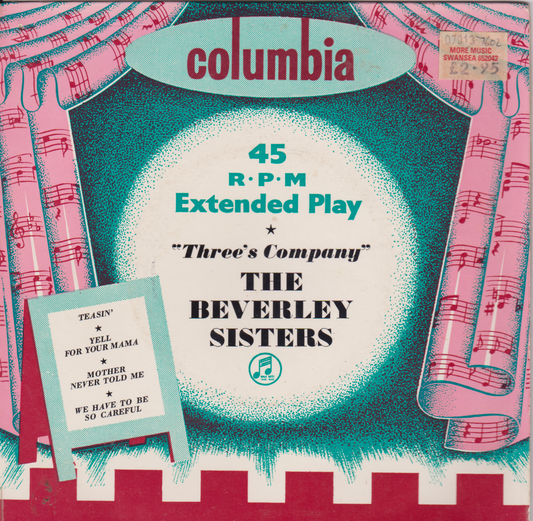 The Beverley Sisters ‎– Three's Company (Columbia 1955) 7" vinyl single VG/VG jukebox centre