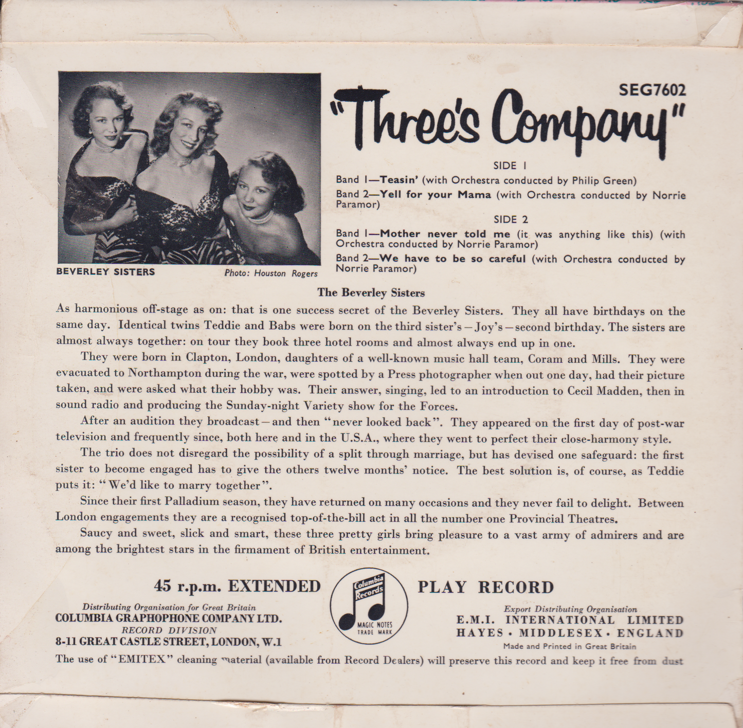 The Beverley Sisters ‎– Three's Company (Columbia 1955) 7" vinyl single VG/VG jukebox centre