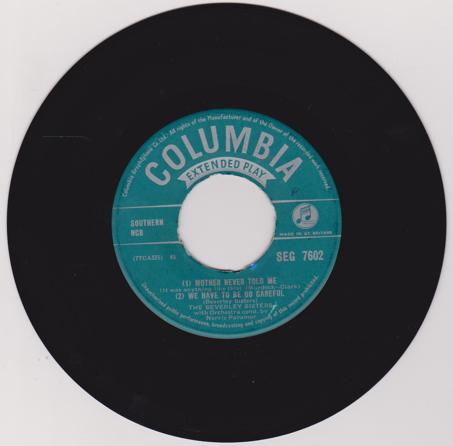 The Beverley Sisters ‎– Three's Company (Columbia 1955) 7" vinyl single VG/VG jukebox centre