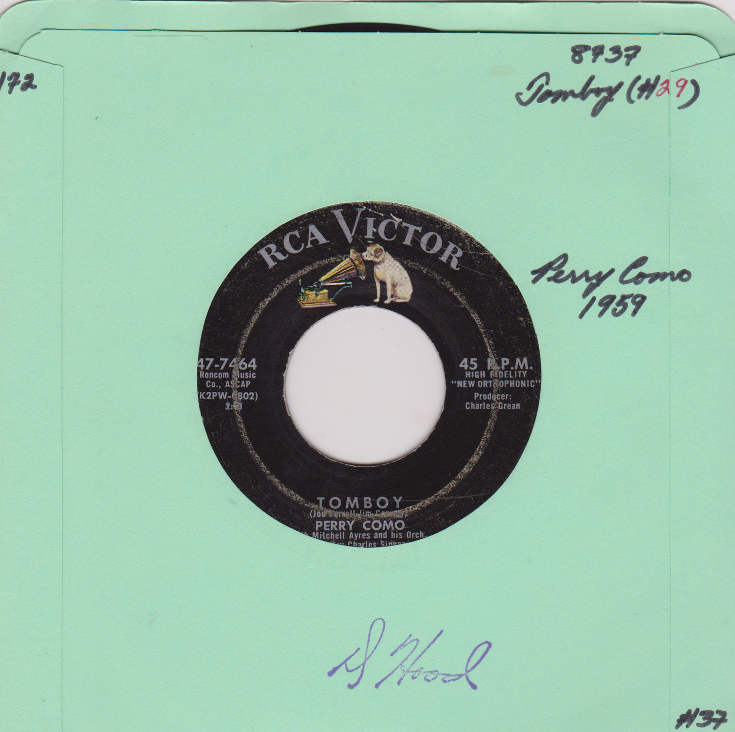 Perry Como – Tomboy (RCA 1959) 7" vinyl US single VG/- jukebox